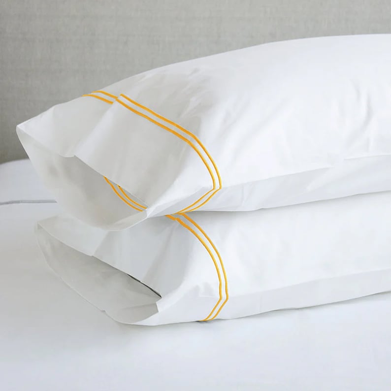 White with Yellow - Cotton Sateen, Pure Linen, Linen Cotton Mix | 3 Piece Embroidered Edge Duvet Cover Set | Handmade | Pre-washed-2