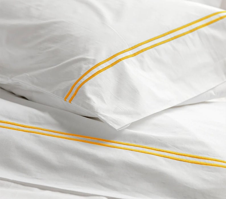 White with Yellow - Cotton Sateen, Pure Linen, Linen Cotton Mix | 3 Piece Embroidered Edge Duvet Cover Set | Handmade | Pre-washed-3