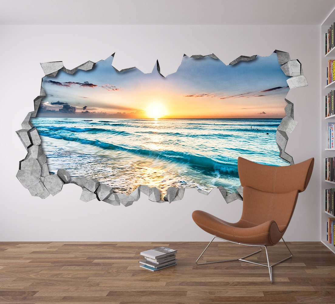 Sunset Broken Wall Decal - 3d Wallpaper - 3d wall decals - 3d printed - 3d wall art - 3d art - Wall Sticker - Wall Decal - SKU: BV3DM-0