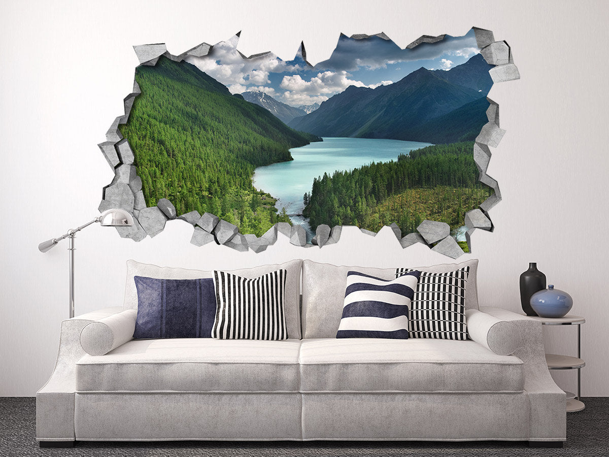 River and Mountains - Broken Wall - 3d Wall Stickers - 3d Wall Art - Wall Sticker - Wall Decal - 3d Wallpaper - 3d wall decals -SKU: RIMO3DW-0