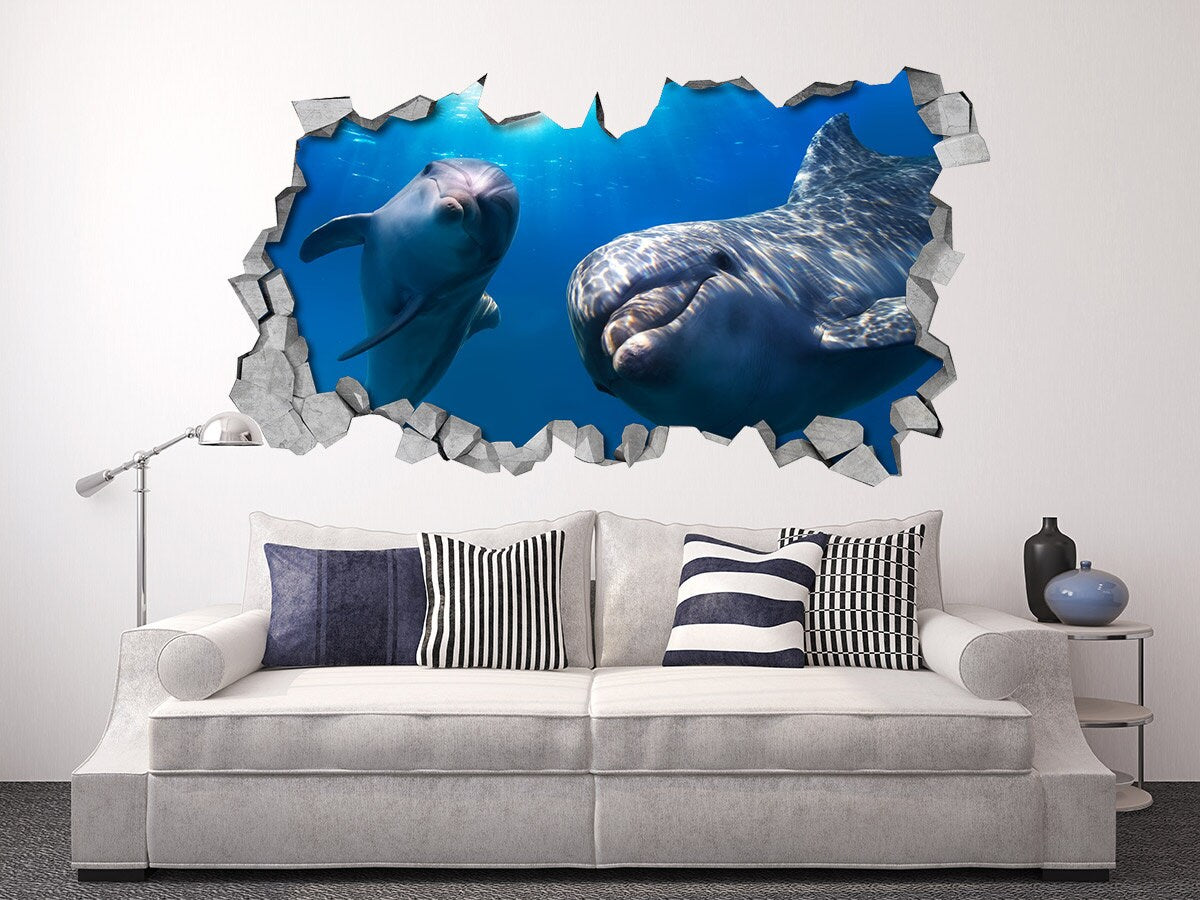 Dolphins Broken Wall Decal - 3d Wallpaper - 3d wall decals - 3d printed - 3d wall art - 3d art - Wall Sticker - Wall Decal - SKU: DOLHEL3DM-0