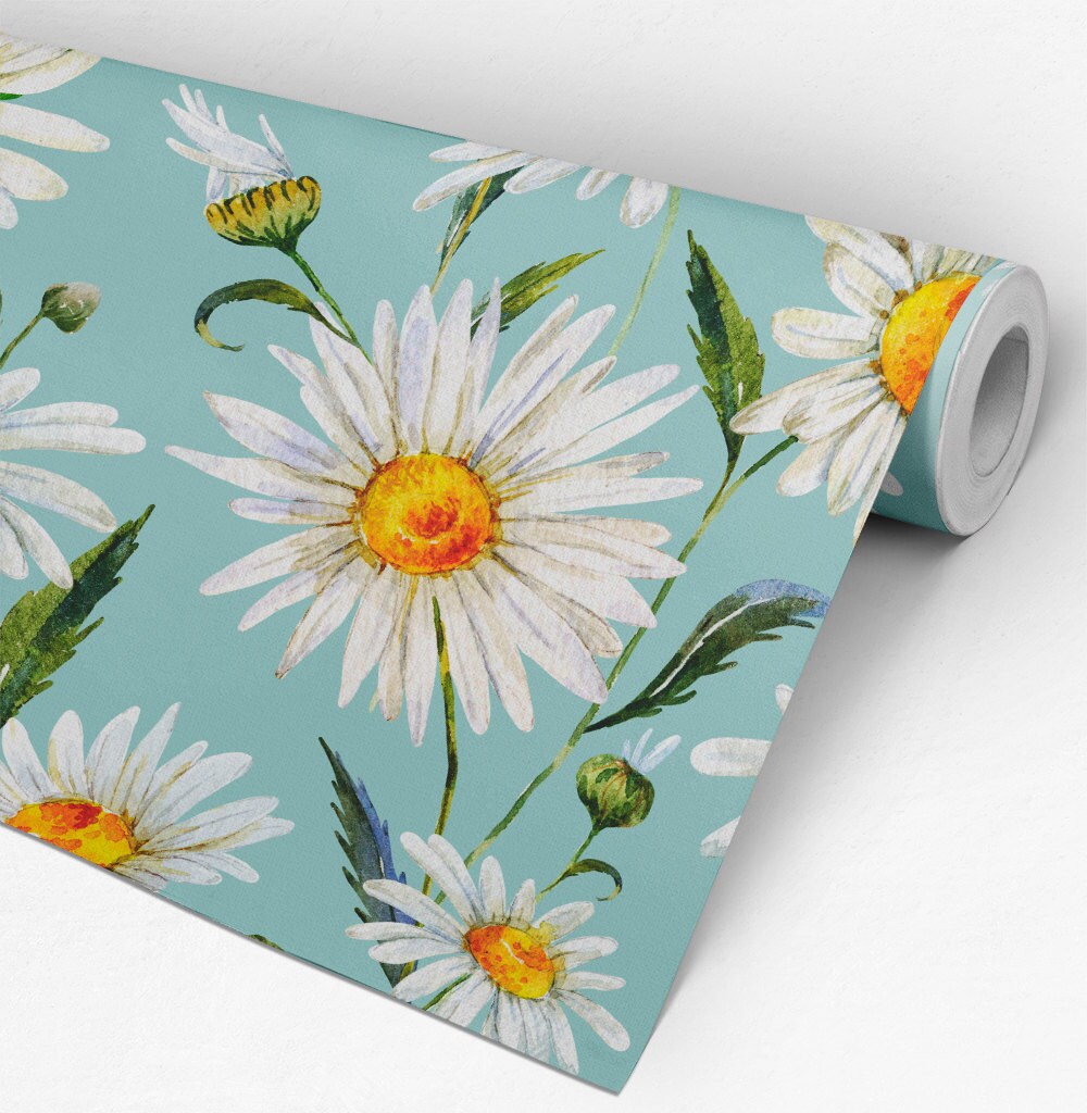 White Daisy Wallpaper - White Daisies - Removable Wallpaper - Peel & Stick - Self Adhesive Fabric - Temporary Wallpaper - SKU:DAIWL-2