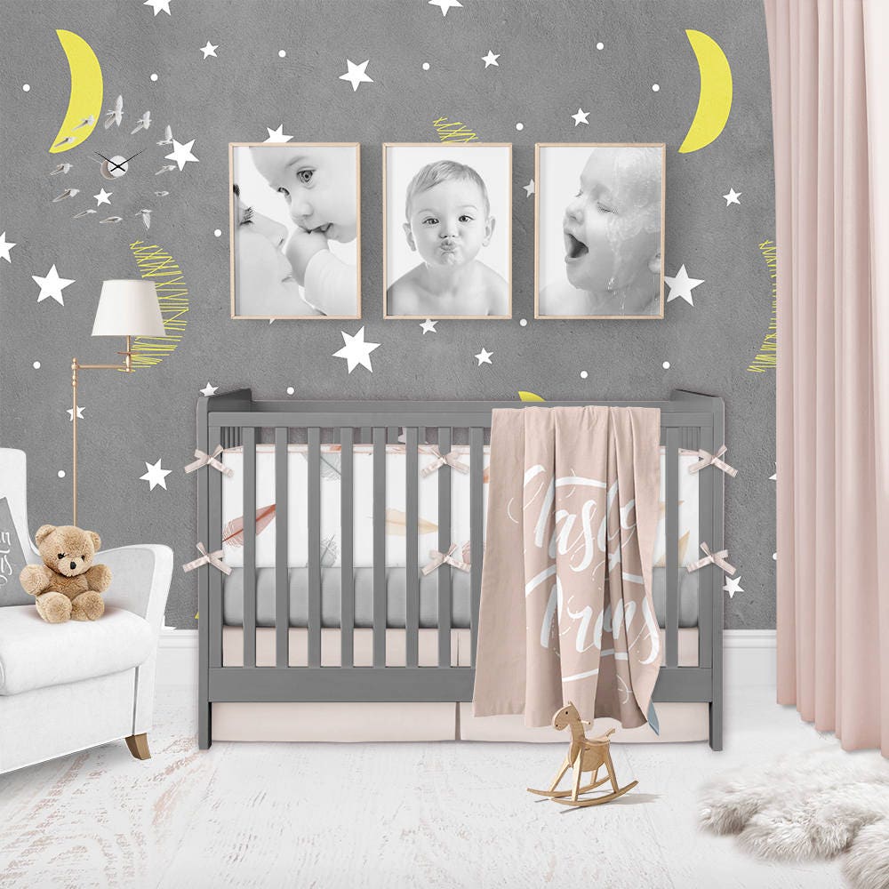 Moon and Stars Wallpapper - Nursery Wallpaper - Cute Wallpaper - Removable Wallpaper - Temporary Wallpaper - Self Adhesive Fabric - SKU:MASN-0