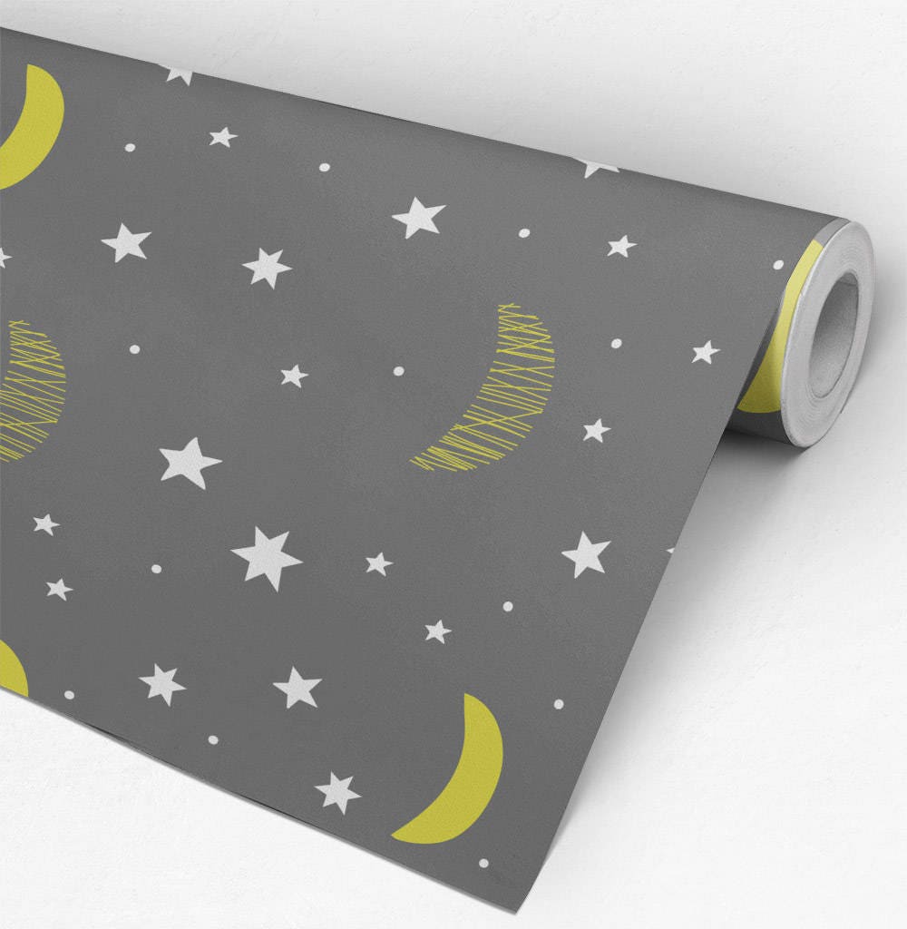 Moon and Stars Wallpapper - Nursery Wallpaper - Cute Wallpaper - Removable Wallpaper - Temporary Wallpaper - Self Adhesive Fabric - SKU:MASN-2