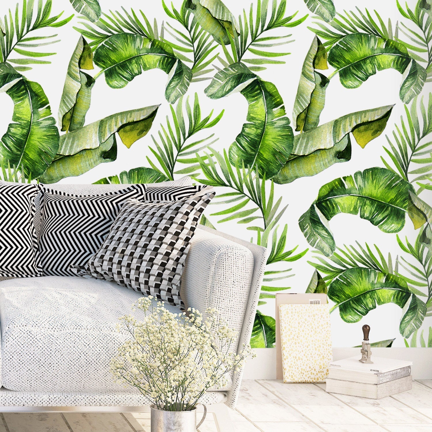 Leaves, Leaf, Wallpaper, Watercolor, Removable, Peel and Stick, Self Adhesive Fabric, Temporary, Wall Decal, Tropical, Jungle - SKU:Hdwlp-1