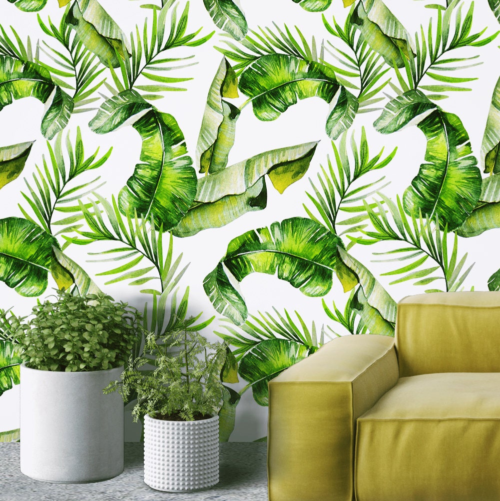 Leaves, Leaf, Wallpaper, Watercolor, Removable, Peel and Stick, Self Adhesive Fabric, Temporary, Wall Decal, Tropical, Jungle - SKU:Hdwlp-0