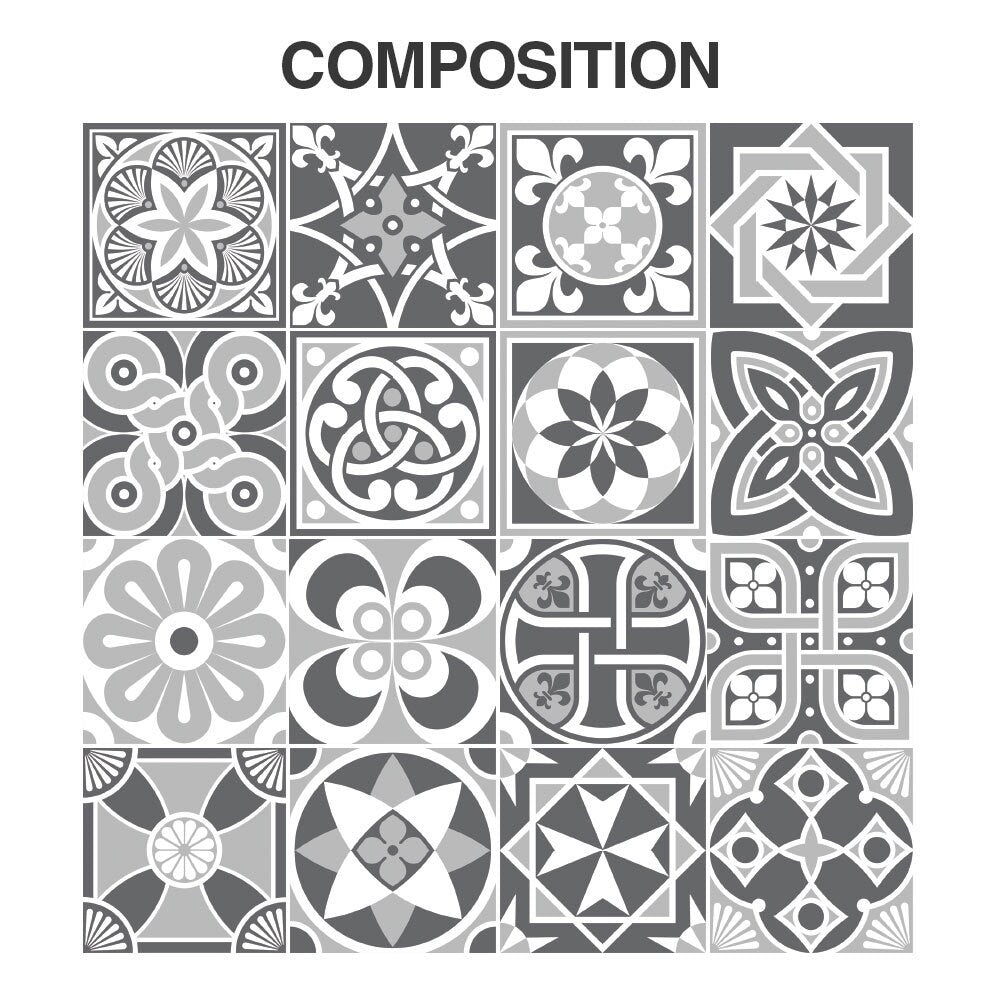 Carrelage Adhésif, Floor Tile Stickers, Carrelage Autocollant, Fliesenaufkleber, Mosaic Wall Art, Fliesensticker, Pack of 32 - SKU:GreyFl-4