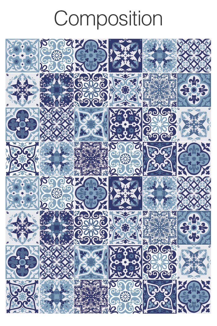 Portuguese Tiles, Tile Stickers, Tile Decal, Carrelage Adhésif, Stickers, Escalier, Fliesenaufkleber, Tile Decals, Pack of 48 - SKU:BPtiles-3