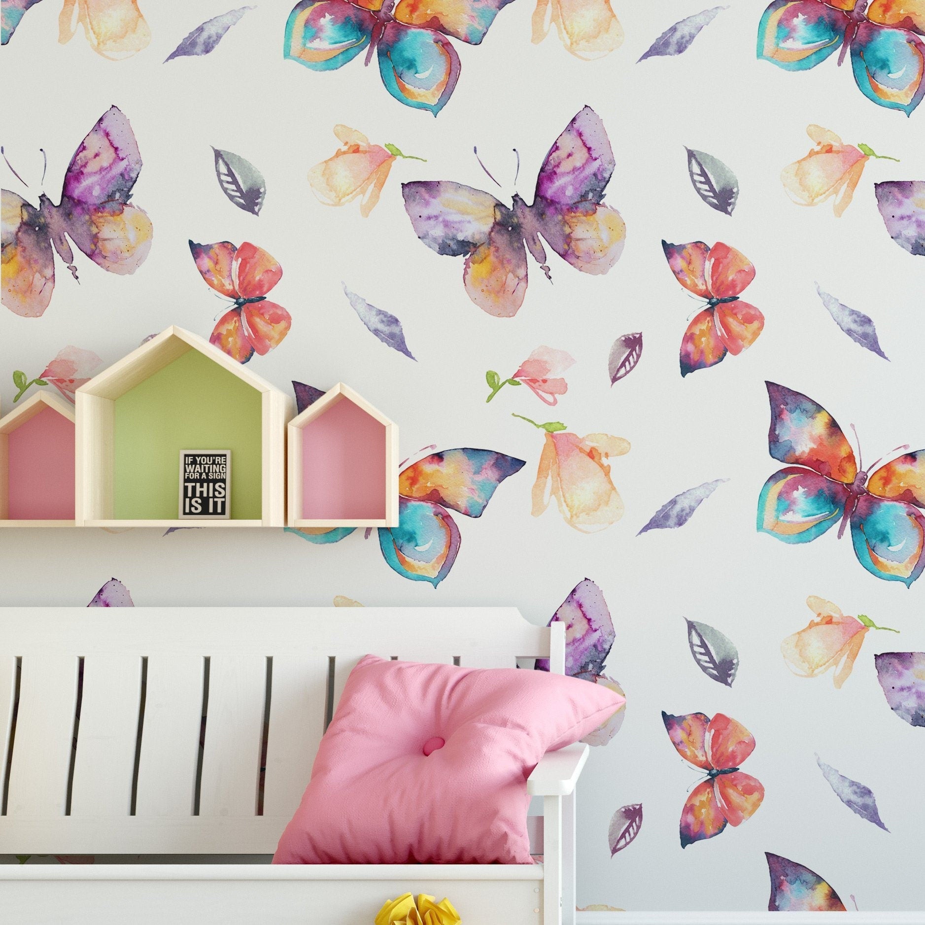 Watercolor Butterfly wall art , mural, removable wallpaper - SKU:FBFW-0