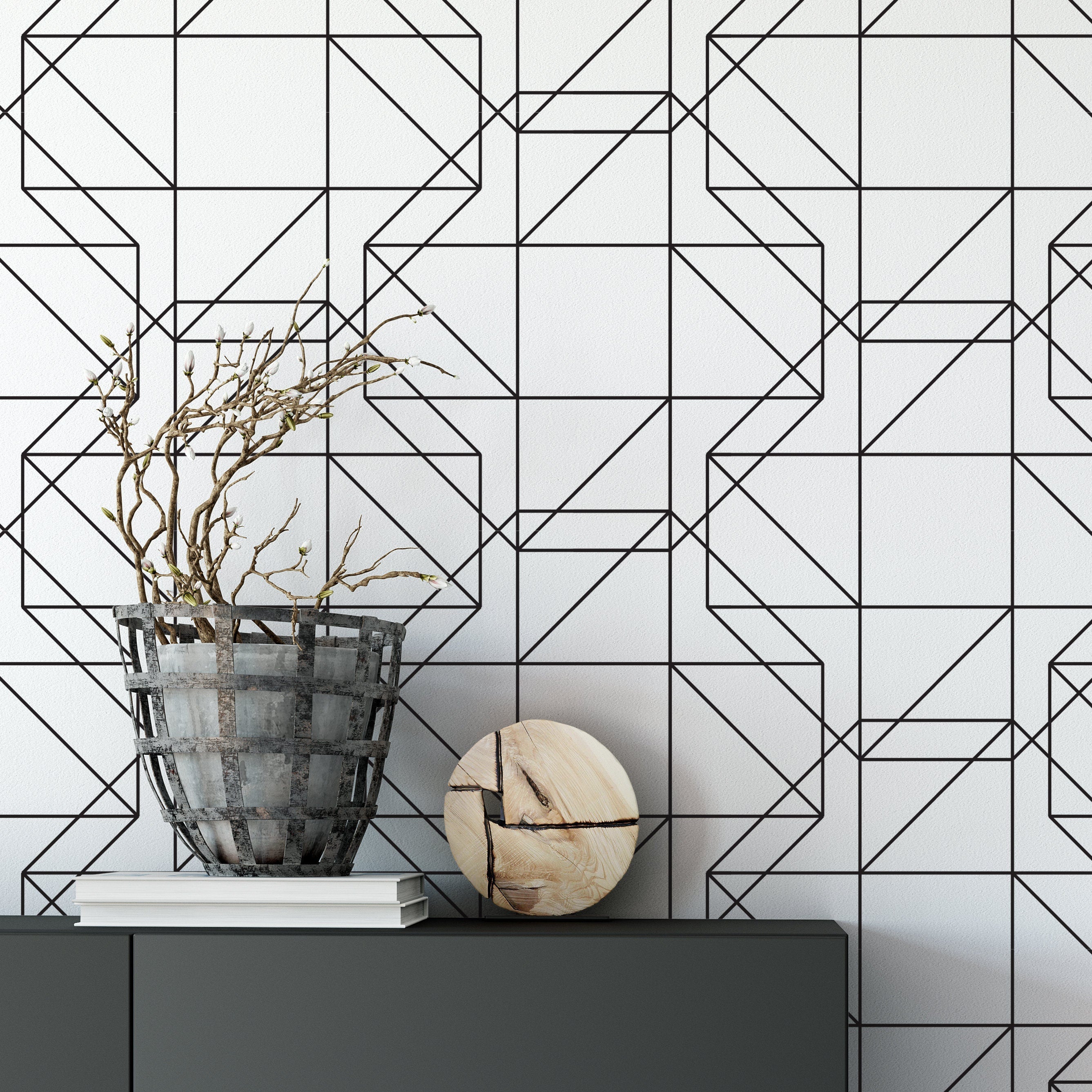 Geometric Black Lines - Black and White Wallpaper - Polygonal Lines Wall Art - Removable Wallpaper - SKU:GBLP-1