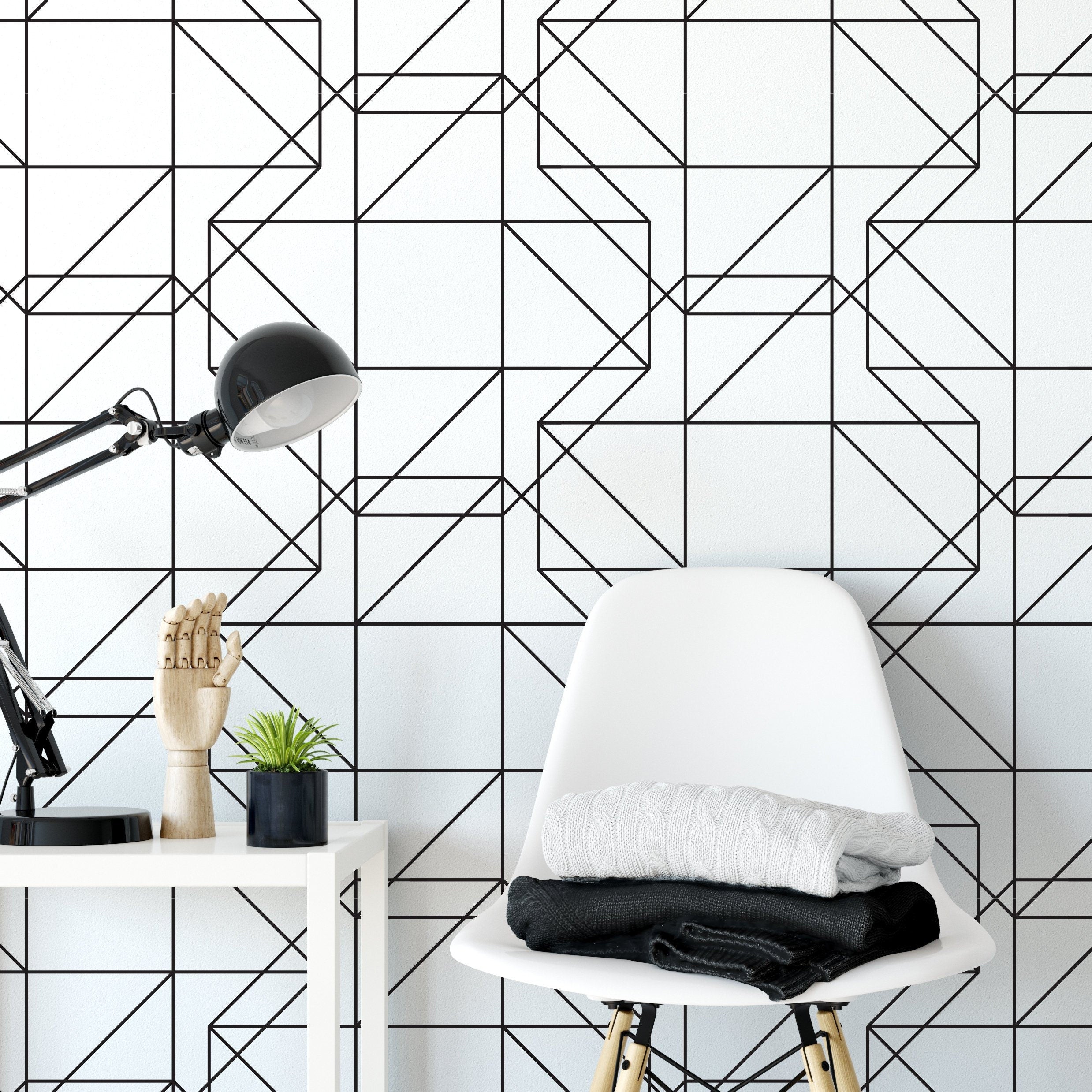 Geometric Black Lines - Black and White Wallpaper - Polygonal Lines Wall Art - Removable Wallpaper - SKU:GBLP-0