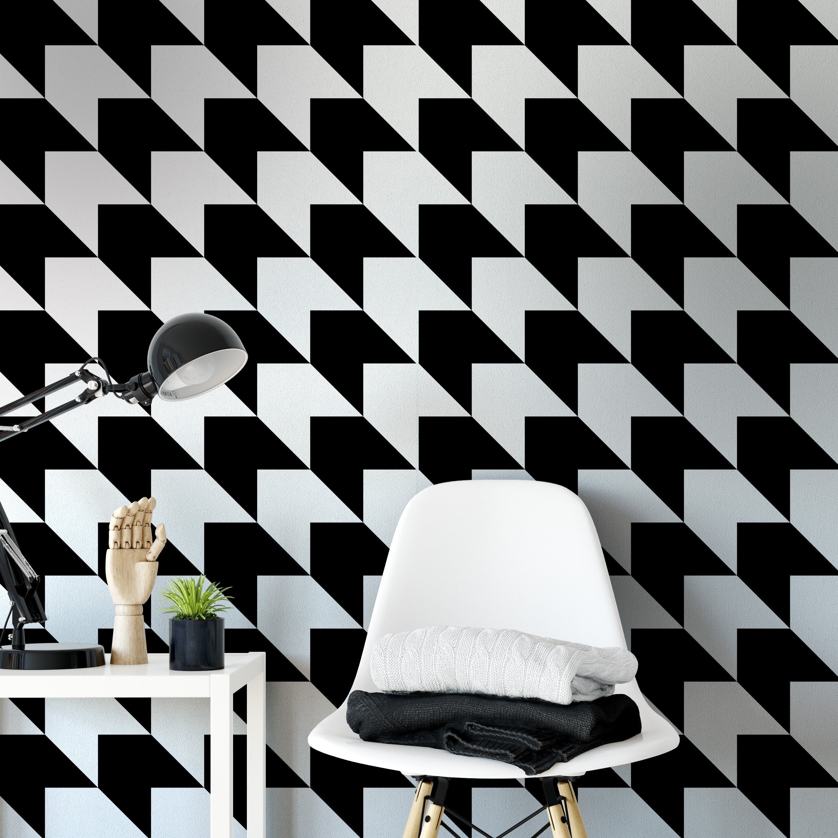 Blocks Pattern - Geometric Removable Wallpaper - Black and White - Self Adhesive or Regular Wallpaper - Geometric Wall Mural  - SKU:ABWW-0