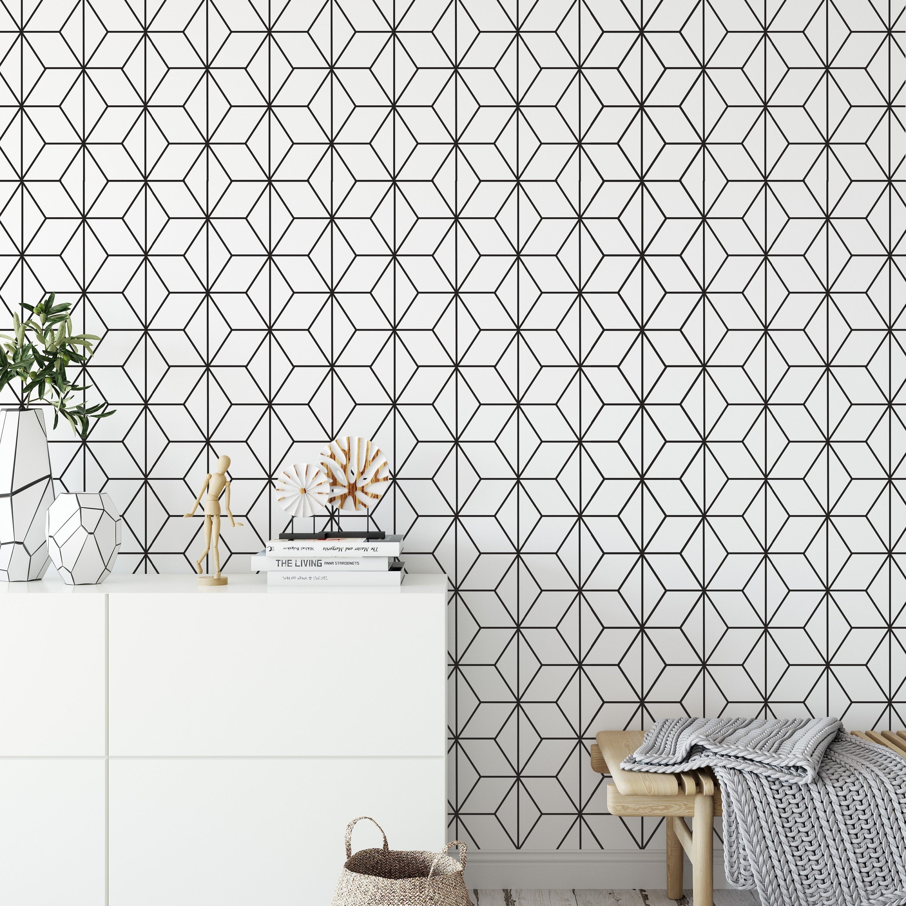 Art Deco Stars - Wallpaper Black and White - Geometric Patterns - Removable Wallpaper - Reusable - SKU:ADPP-0