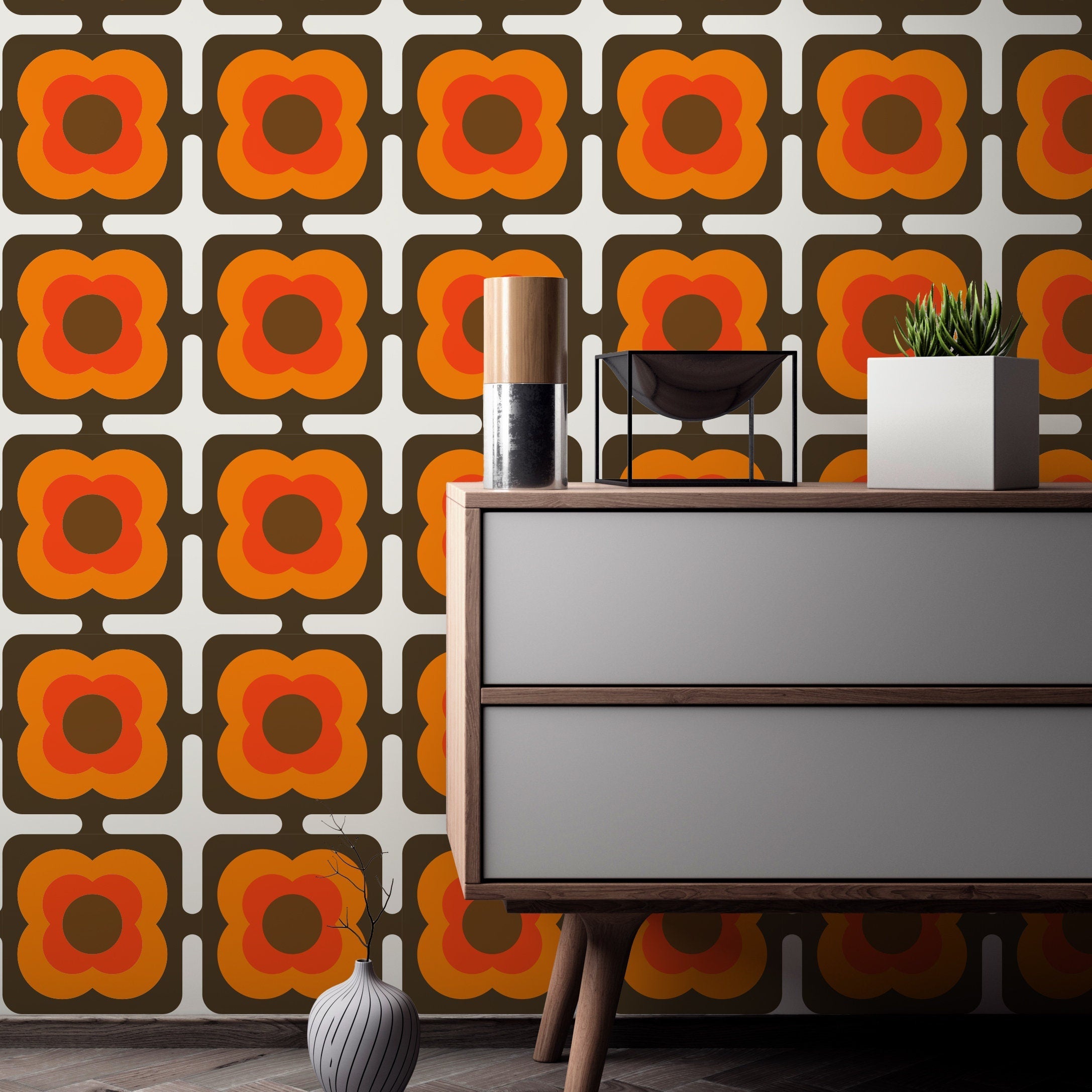 Square Groovy 70s Wallpaper - 70s Pattern - Square Wallpaper  - Geometric Patterns - Removable Wallpaper - Reusable - SKU:SQGS-0