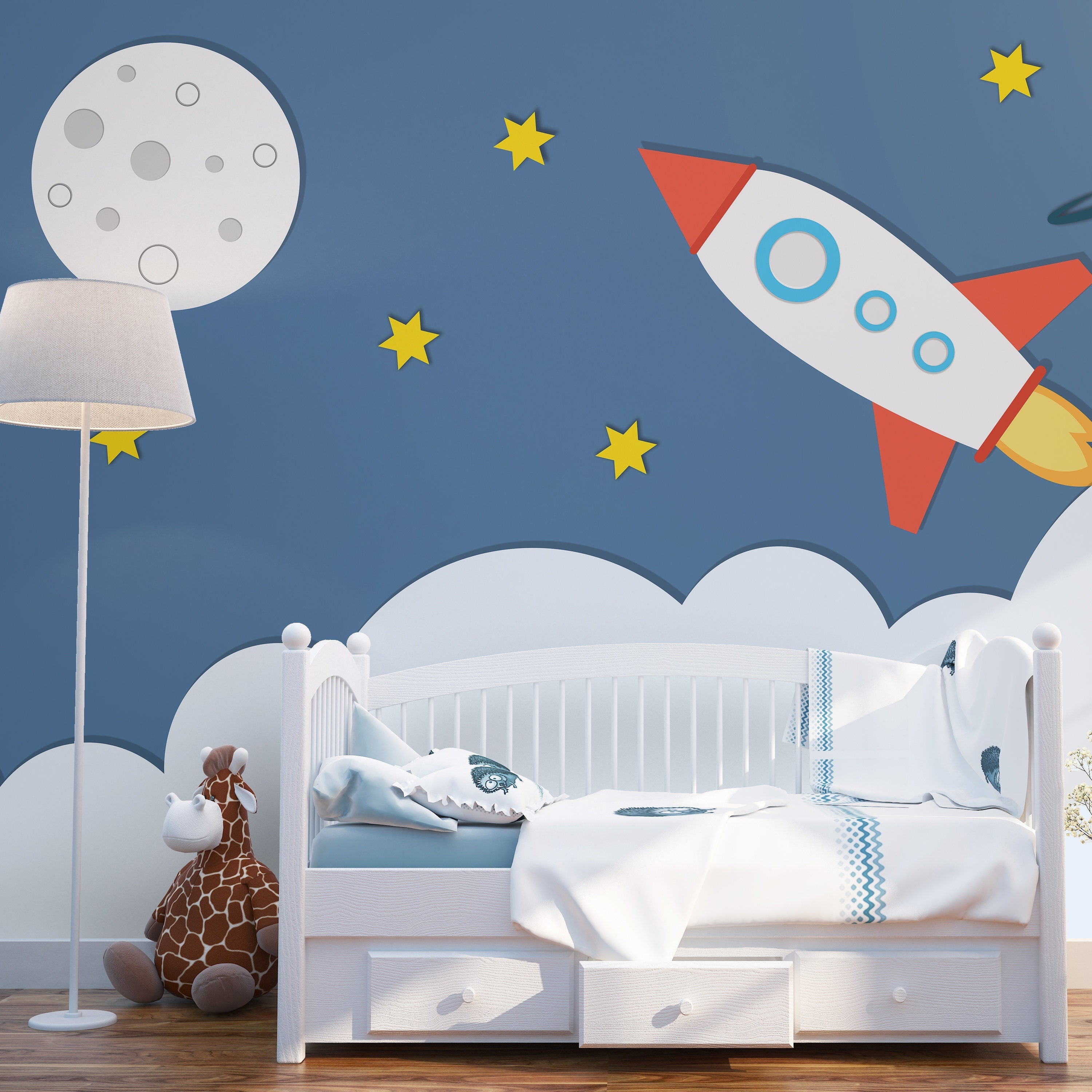 Rocket - Space - Wall Mural - Paper cut - Effect - Nursery Decor - Kids Room - Repositionable Adhesive Fabric - Peel And Stick - SKU: ROSP-0