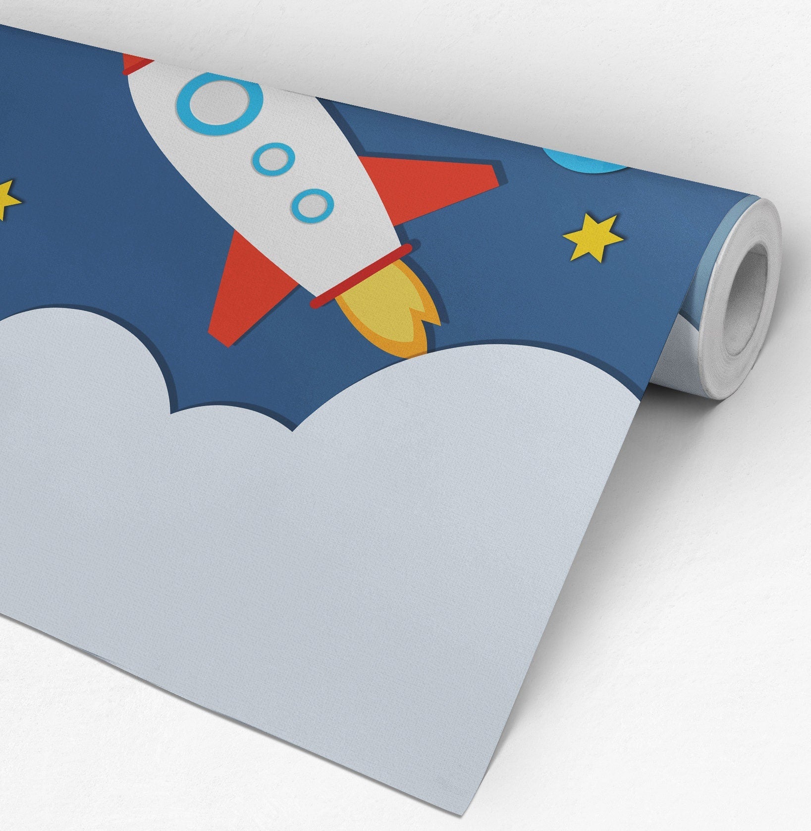 Rocket - Space - Wall Mural - Paper cut - Effect - Nursery Decor - Kids Room - Repositionable Adhesive Fabric - Peel And Stick - SKU: ROSP-2