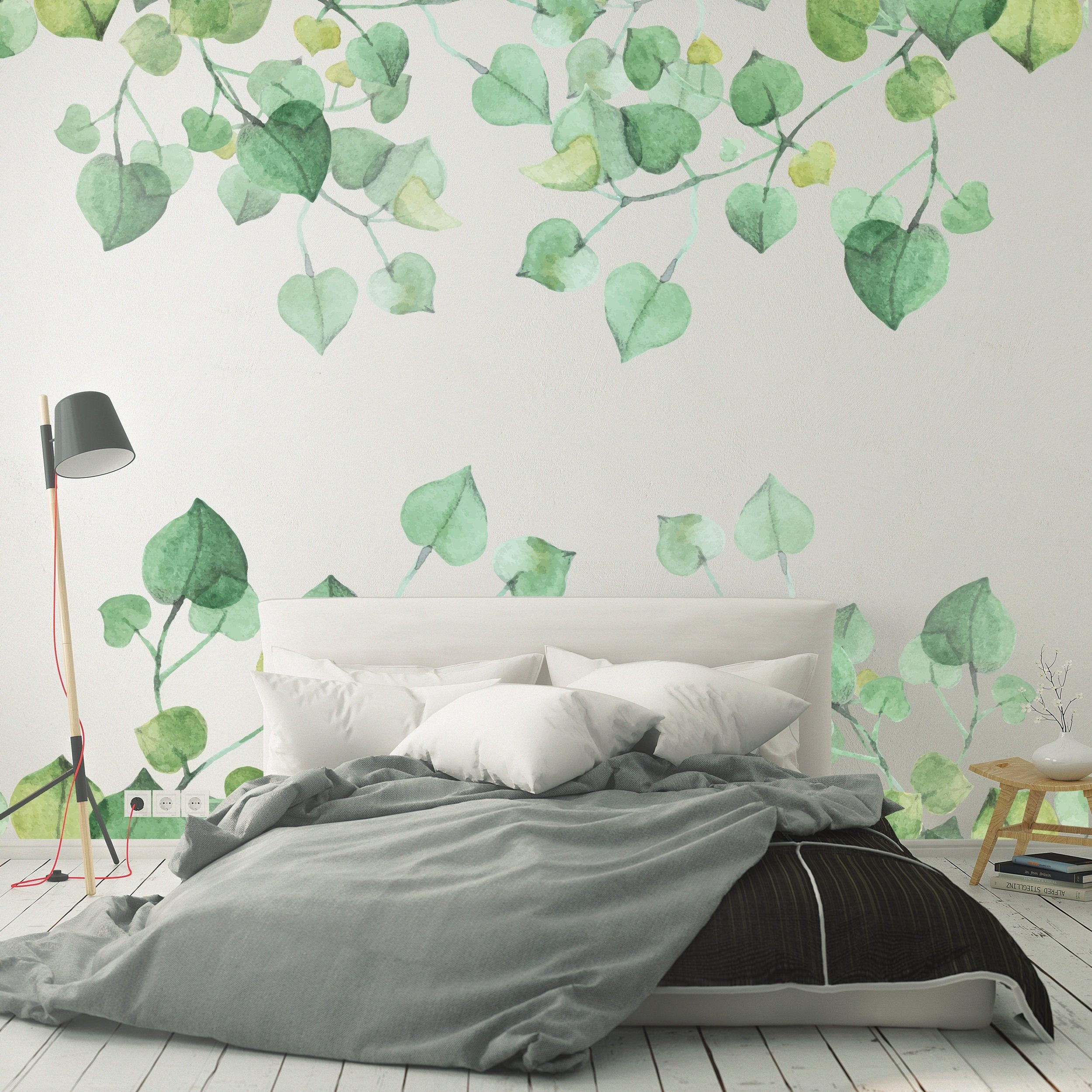 Wall Mural - Watercolor Leaves - Nature - Repositionable Adhesive Fabric - Self-Adhesive Wall Covering - Peel And Stick - SKU: WLGM-0