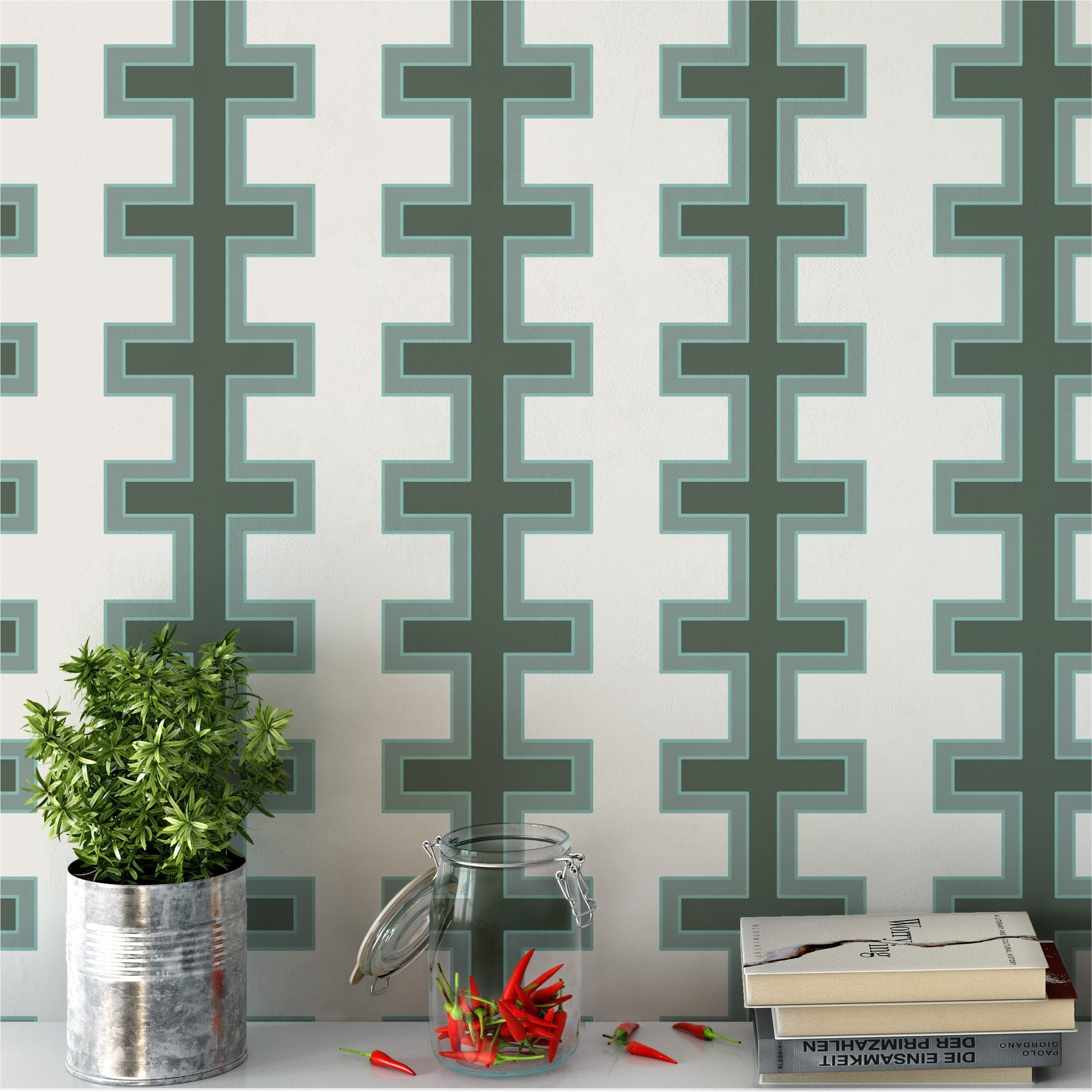 Mid Century Modern , Mdm wallpaper green, Olive Color , behang  - SKU:MCGG-1