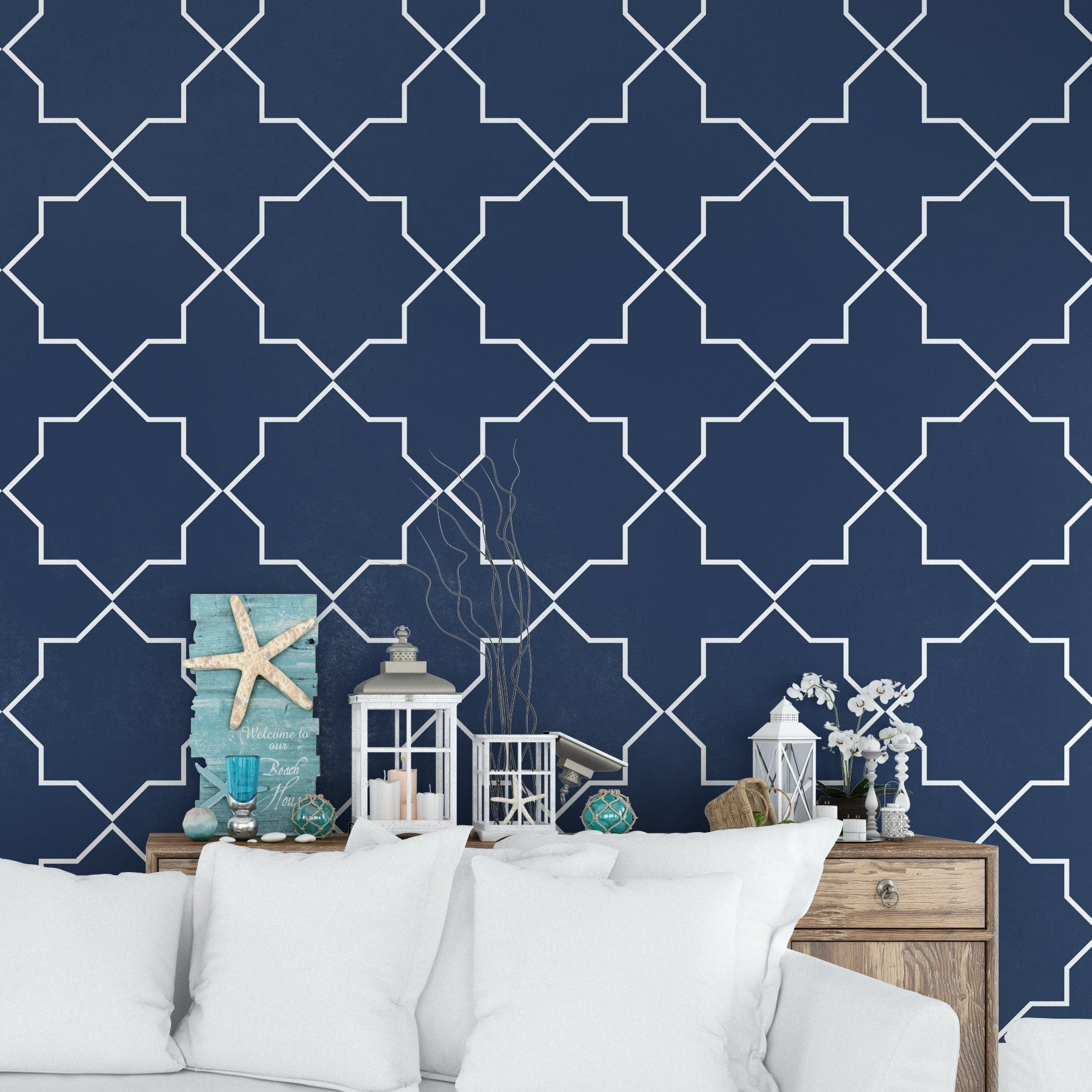 Coastal wallpaper , geometric blue white nautical removable self adhesive - SKU:MBCP-0