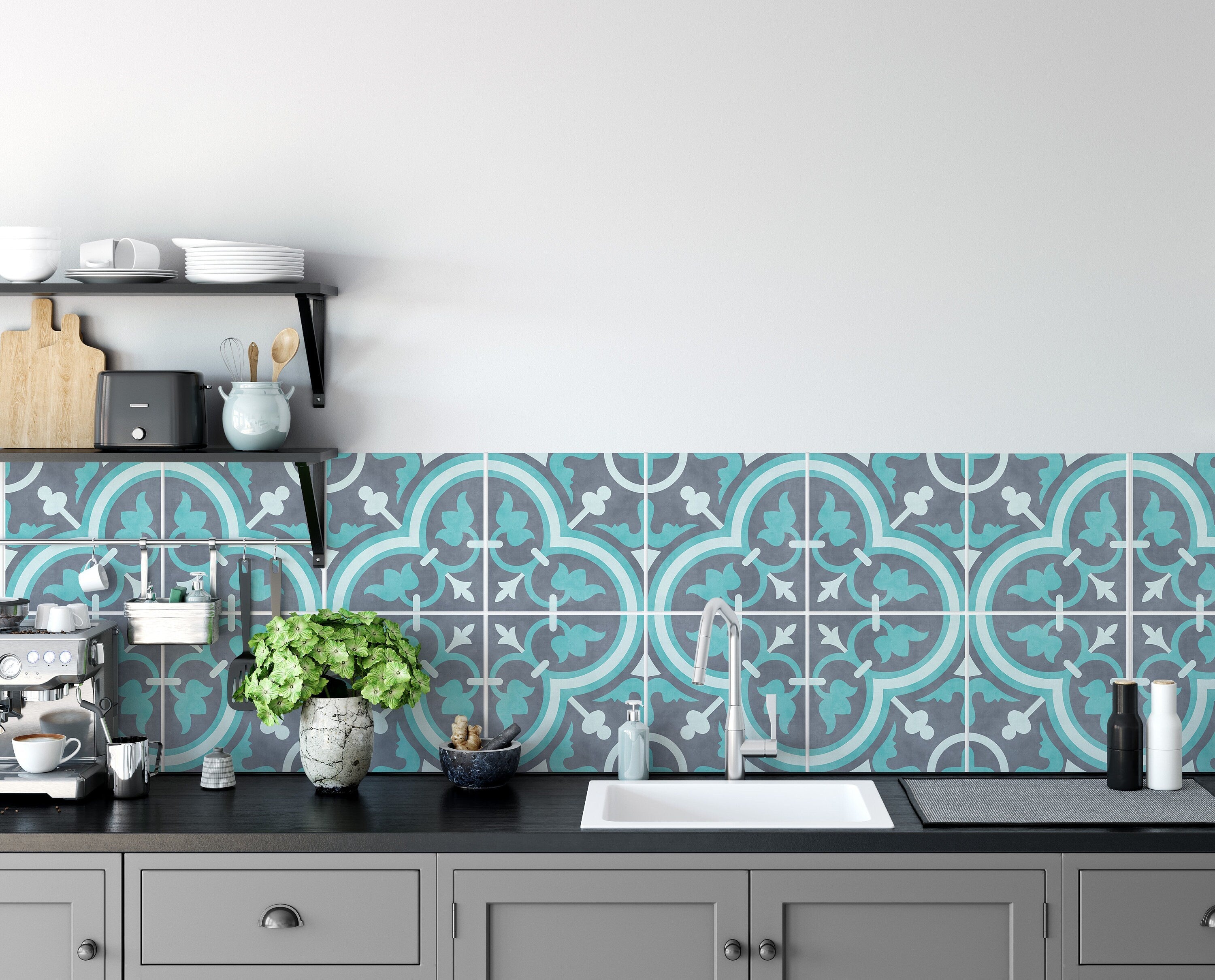 Scandinavian Blue, Vinyl Self Adhesive Tiles, Kitchen Backsplash Peel and Stick in Roll, SKU:RT38-1