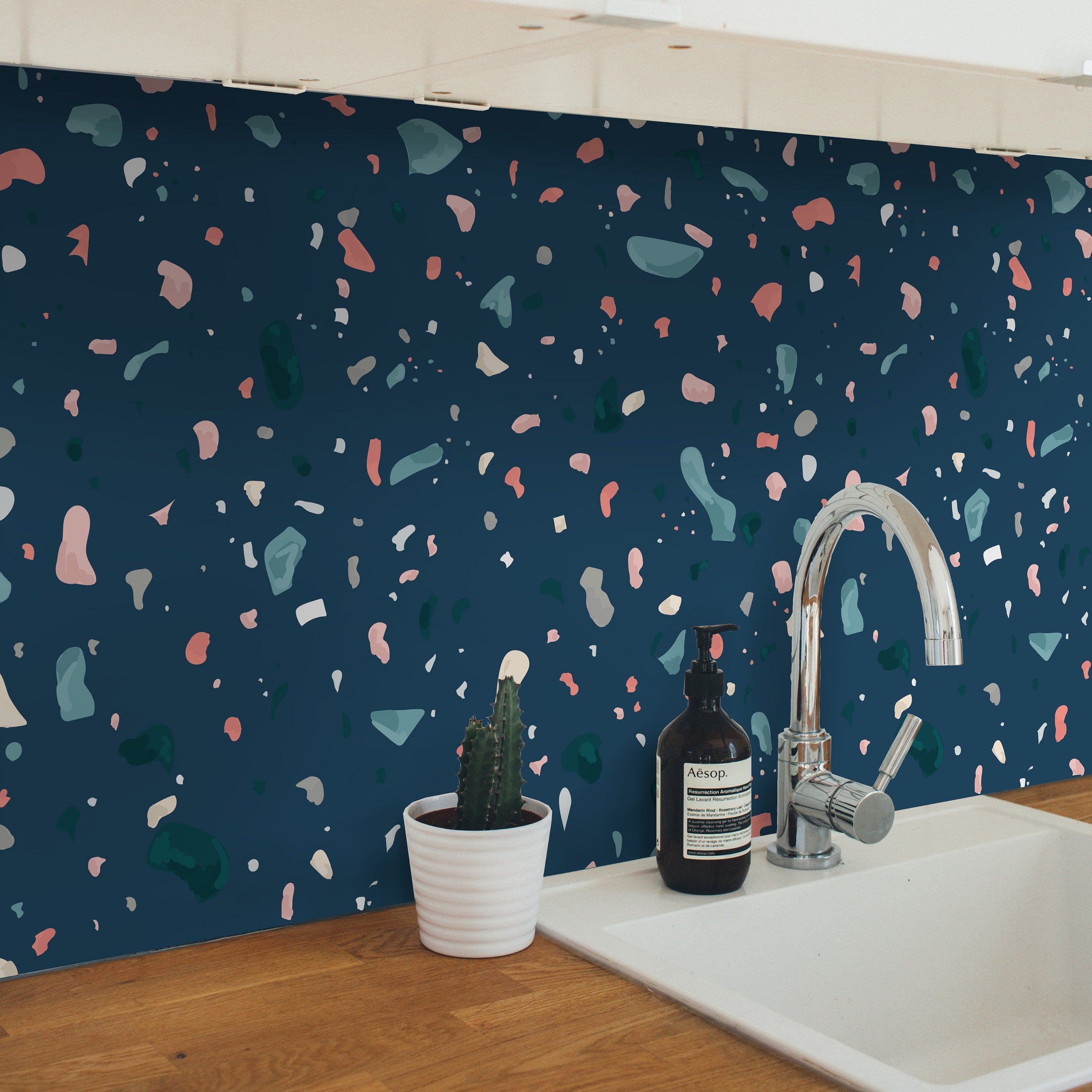 Dark Blue Terrazzo Adhesive Film, Waterproof, Kitchen Backsplash - SKU:DBTAF-0