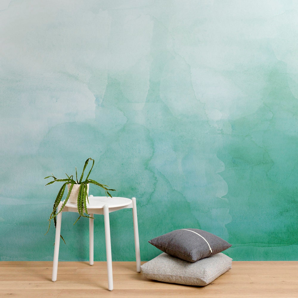 Green, Ombre, Watercolor, Wallpaper, Luxury, Removable, Peel and stick, Self adhesive, Temporary, Wall Mural, Fabric - SKU:Grwtcomb-1