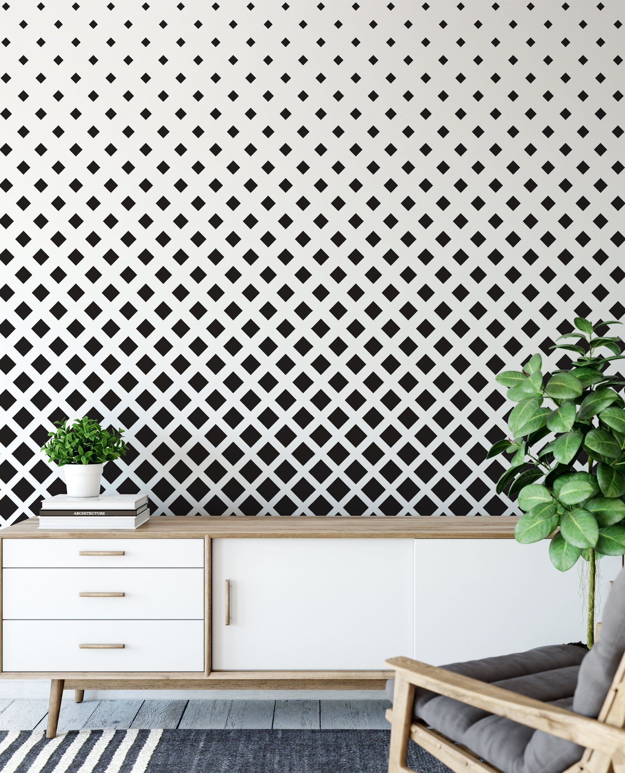 Black & white Moroccan design removable wallpaper / peel and stick Moroccan wallpaper / Modern self-adhesive wallpaper - SKU:WRBW07-2