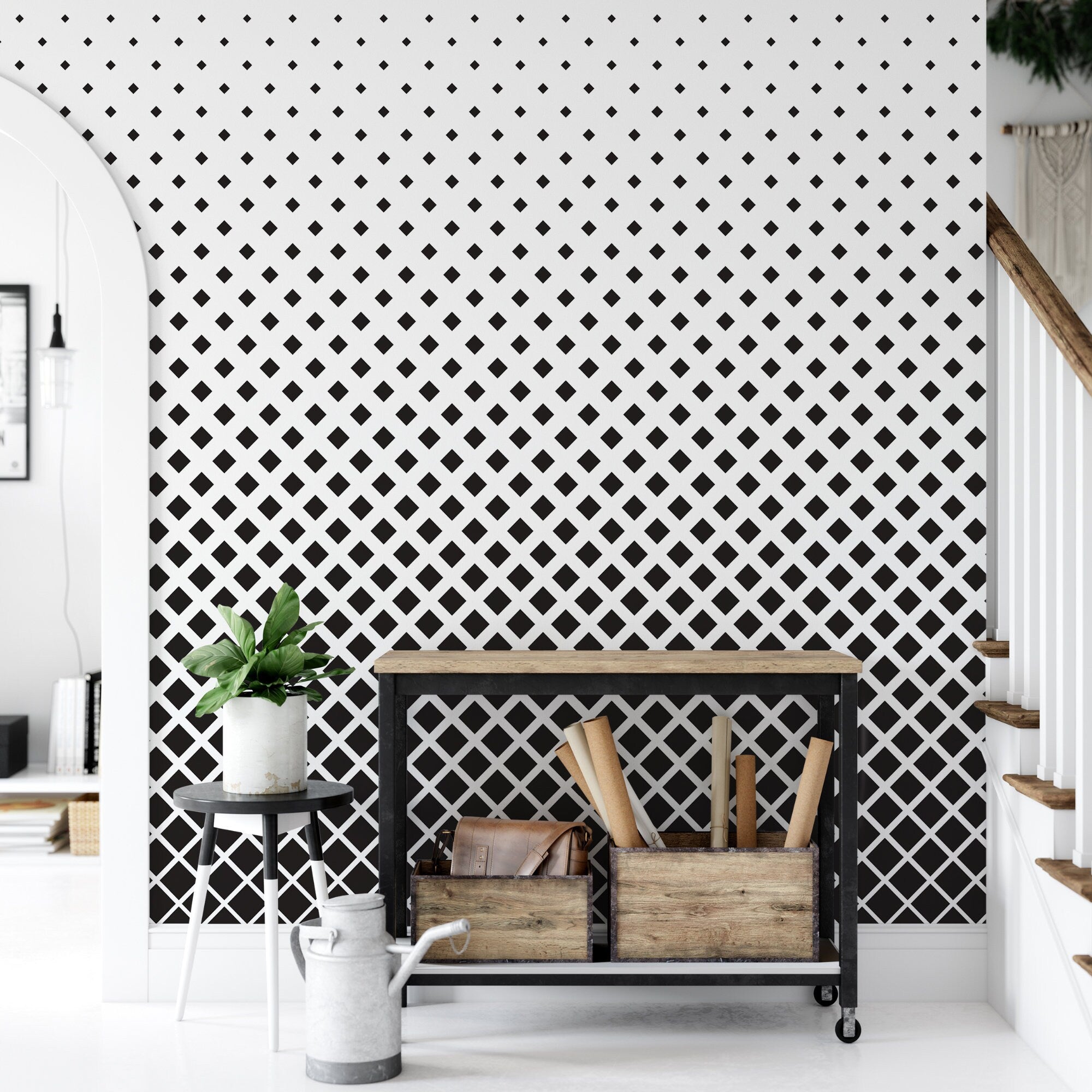 Black & white Moroccan design removable wallpaper / peel and stick Moroccan wallpaper / Modern self-adhesive wallpaper - SKU:WRBW07-3