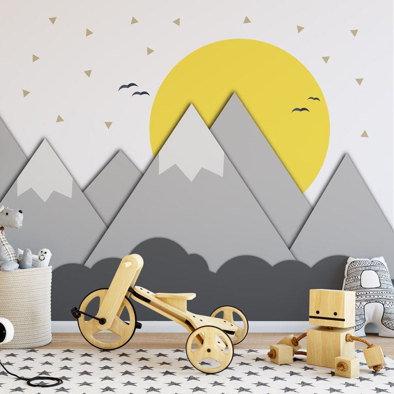 Mountains and Sun - Nursery - Wall Mural - Paper cut - Nursery Decor - Kids Room - Adhesive Fabric - Peel And Stick - SKU: MOUSU-0