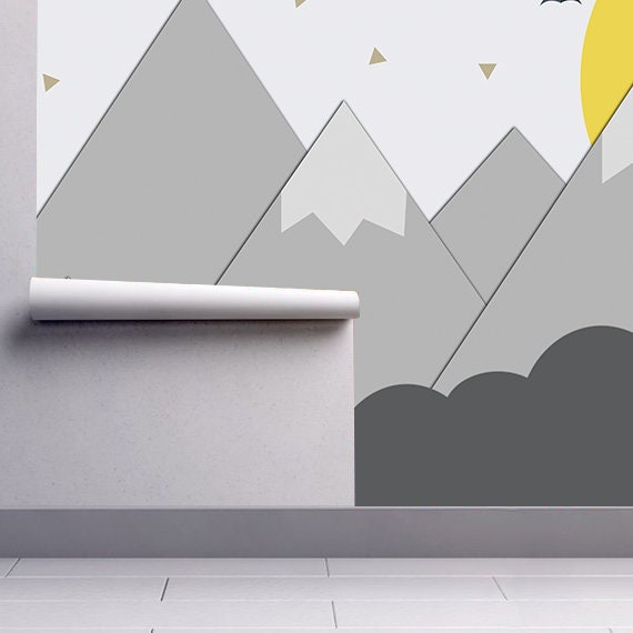 Mountains and Sun - Nursery - Wall Mural - Paper cut - Nursery Decor - Kids Room - Adhesive Fabric - Peel And Stick - SKU: MOUSU-3