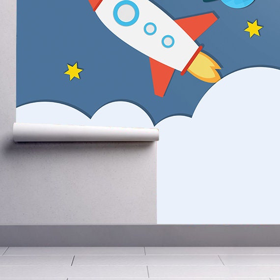 Rocket - Space - Wall Mural - Paper cut - Effect - Nursery Decor - Kids Room - Repositionable Adhesive Fabric - Peel And Stick - SKU: ROSP-3