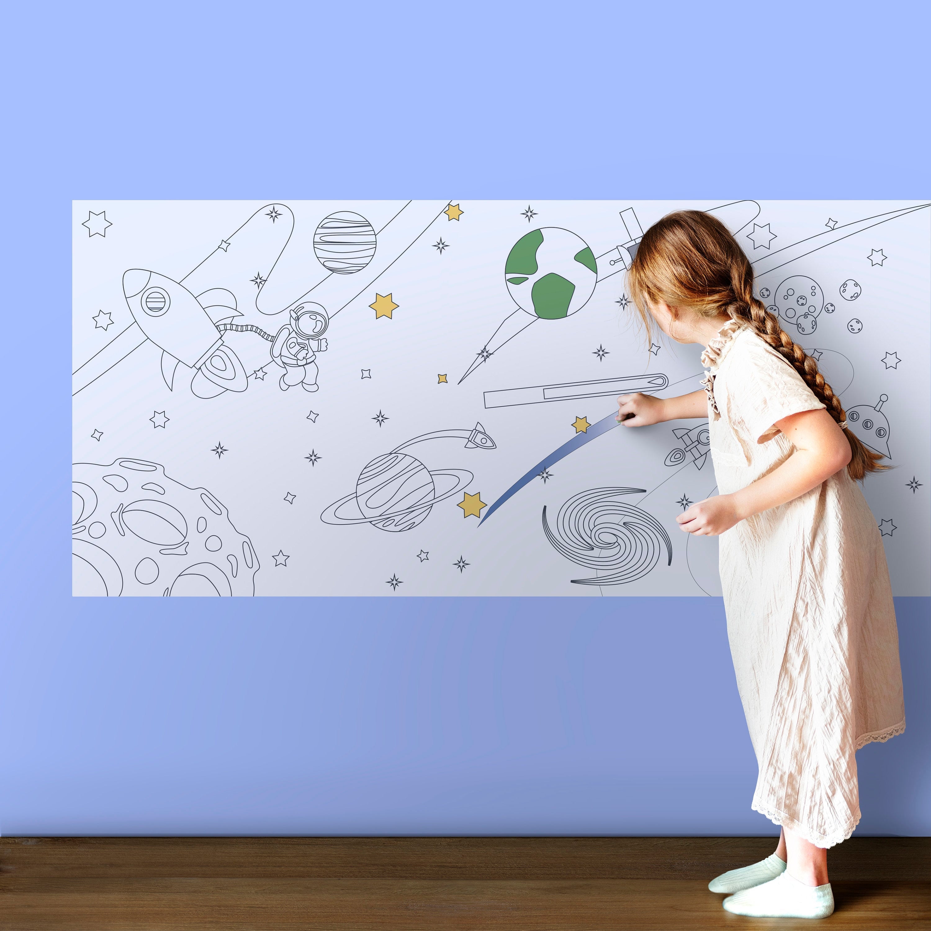 Space - Planets and Stars - Coloring on the Wall - Poster Coloring - Removable Peel n Stick - Kids Decor - SKU:SPACE-0