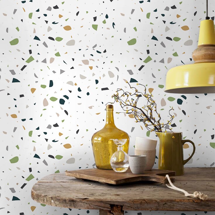 Terrazzo Green & White - Terrazzo Pattern Wallpaper, Wall Decor, Wall Decoration, Removable Wallpaper, Peel and Stick Wallpaper - SKU:GWTRR-1