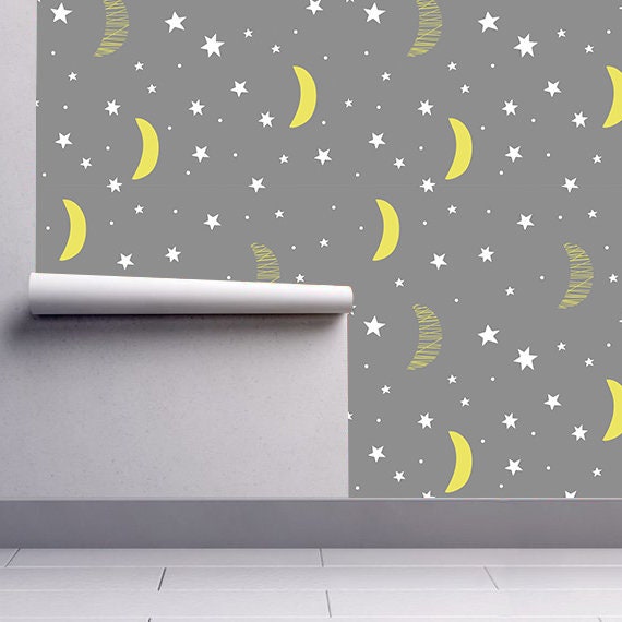 Moon and Stars Wallpapper - Nursery Wallpaper - Cute Wallpaper - Removable Wallpaper - Temporary Wallpaper - Self Adhesive Fabric - SKU:MASN-3