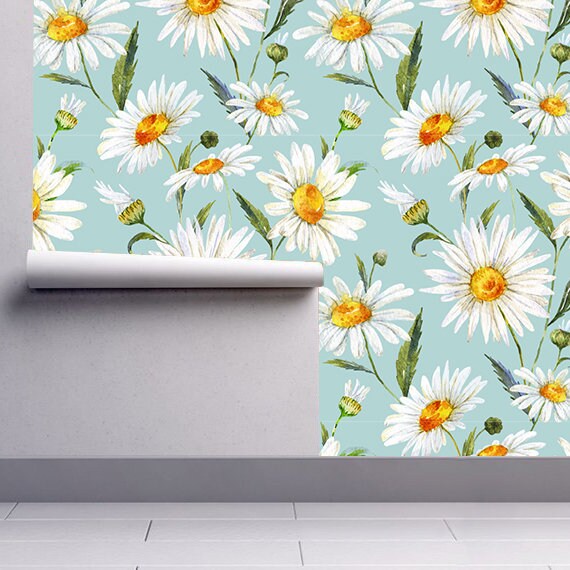 White Daisy Wallpaper - White Daisies - Removable Wallpaper - Peel & Stick - Self Adhesive Fabric - Temporary Wallpaper - SKU:DAIWL-3