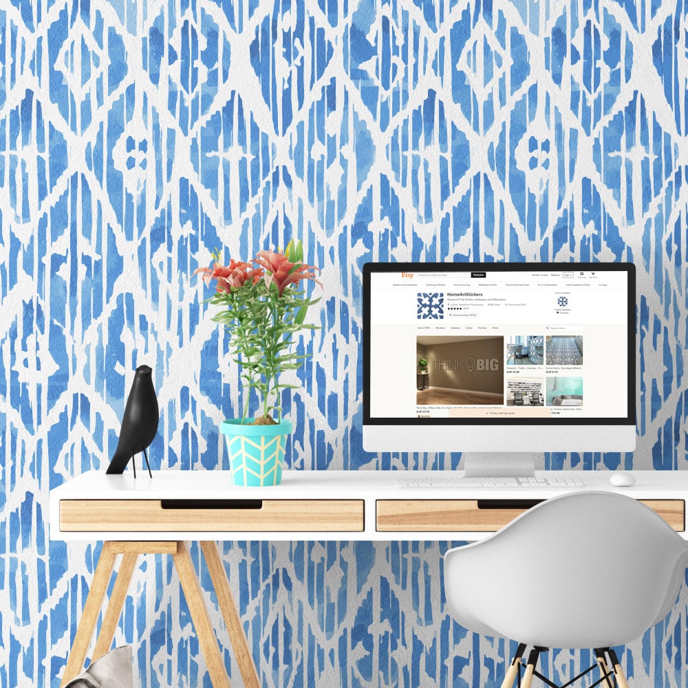 Blue Ikat - Indigo - Watercolor Wallpaper - Wall Mural - Adhesive Wallpaper - Removable Wallpaper - Customizable Wallpaper - SKU: IKAT-0