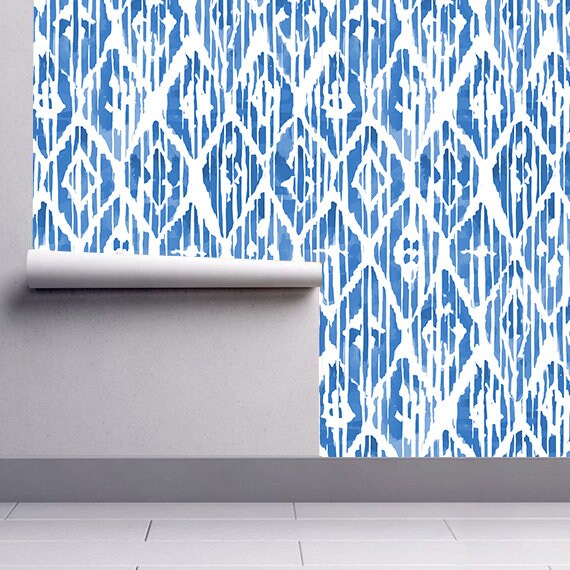 Blue Ikat - Indigo - Watercolor Wallpaper - Wall Mural - Adhesive Wallpaper - Removable Wallpaper - Customizable Wallpaper - SKU: IKAT-3