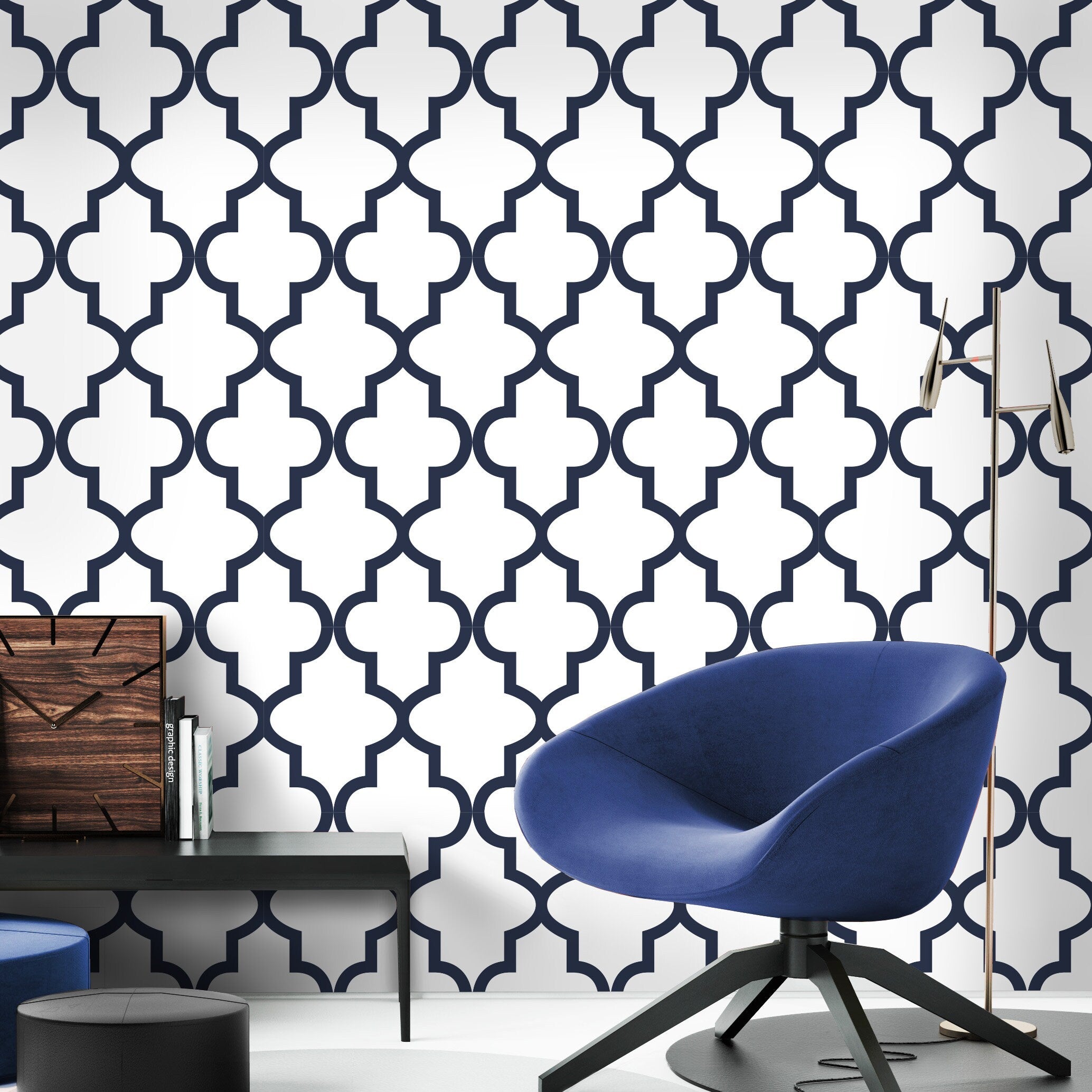 Blue Moroccan Pattern - Trellis Wallpaper - Removable Wallpaper - Colorful - Temporary Wallpaper - Self Adhesive Fabric - SKU:BMT-1