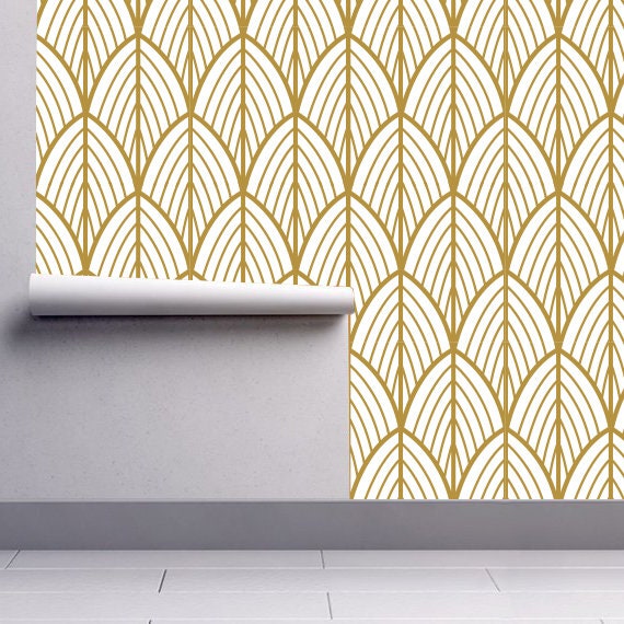 Art Deco - Leaves - Wallpaper - Outlines - Mid Century Modern - Removable Wallpaper - Peel & Stick - Self Adhesive Fabric - SKU: ARTDEC-4