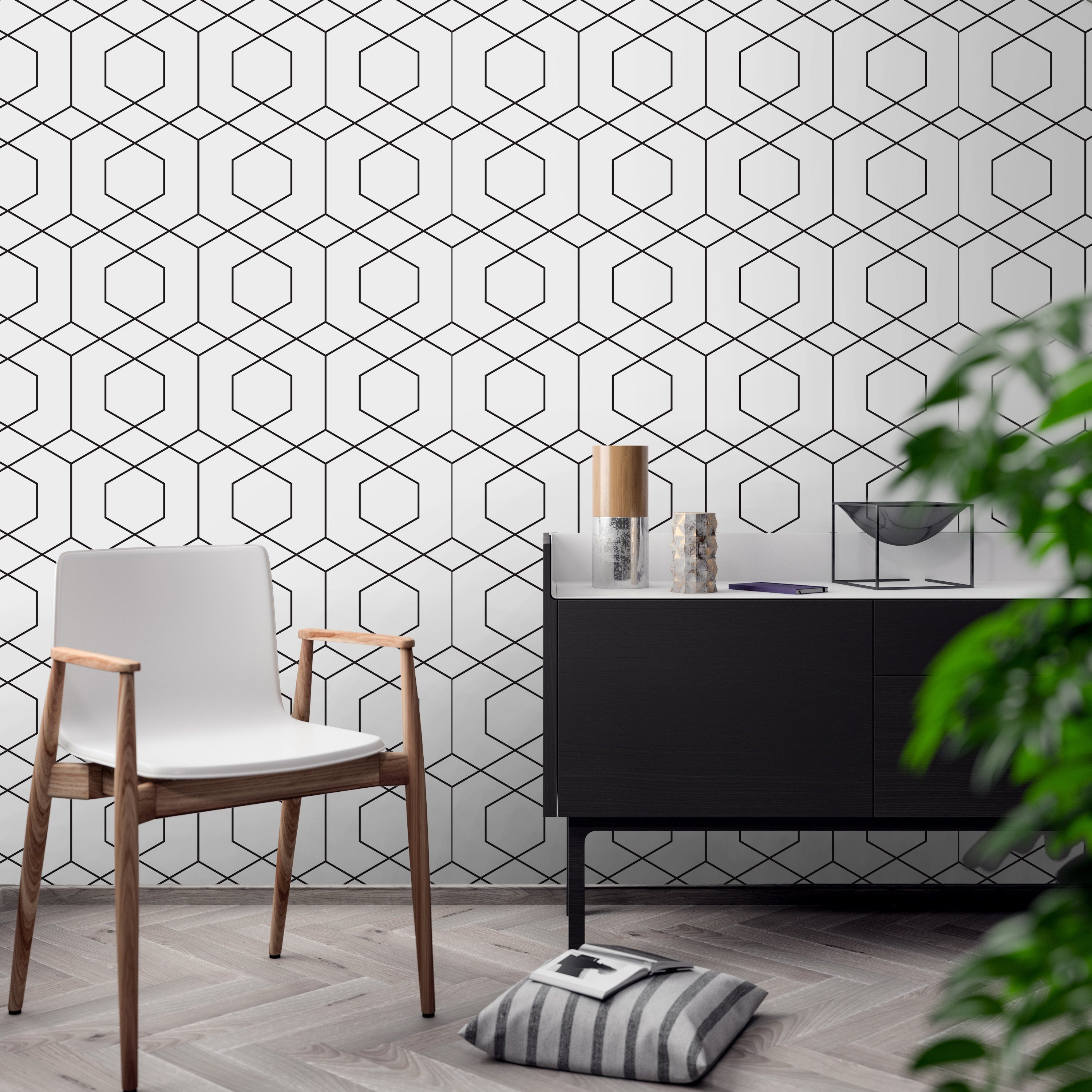 Geometric Hexagons Wallpaper Roll - Black and White Wallpaper - Removable Wallpaper - Geometric Wall Art - SKU:GHLP-1