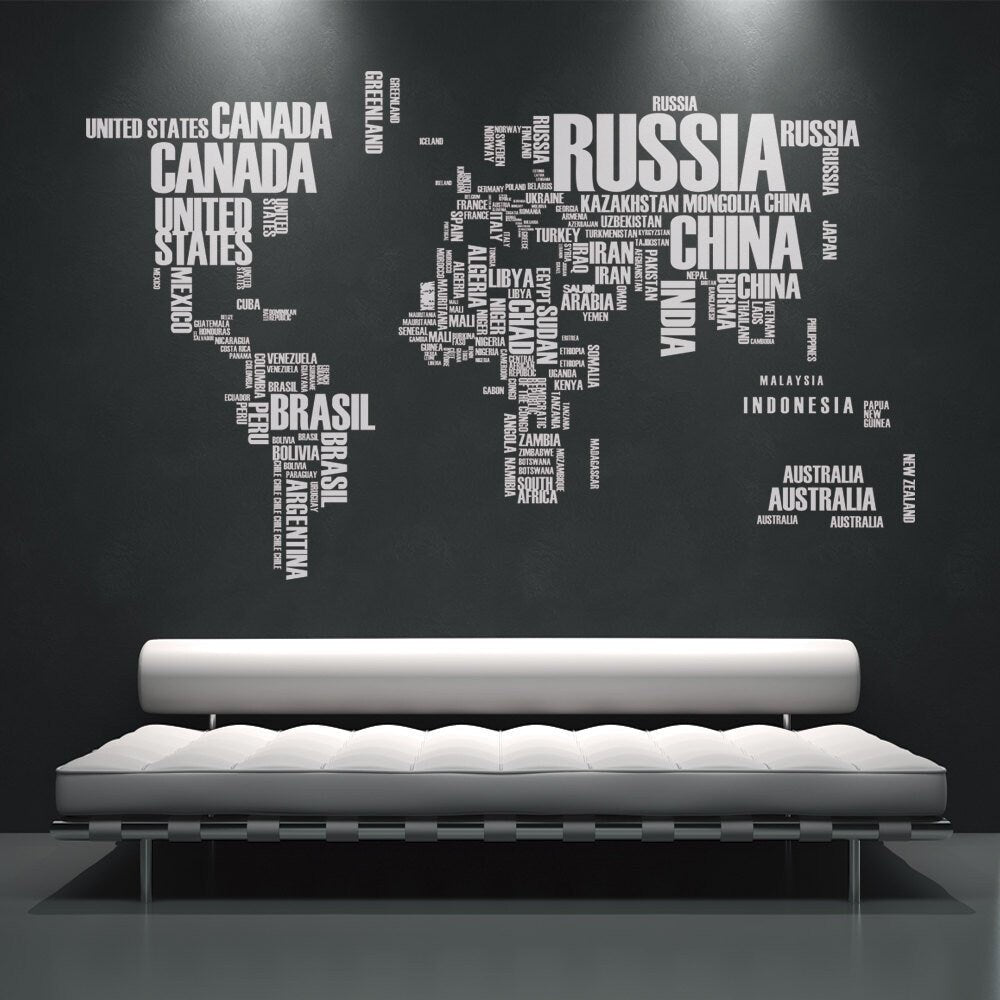 World Map - Wall Decals - Wall Stickers - Country Names Text - Typography Stickers - Home Decor - Office Decor - SKU:WOMAPTE-0