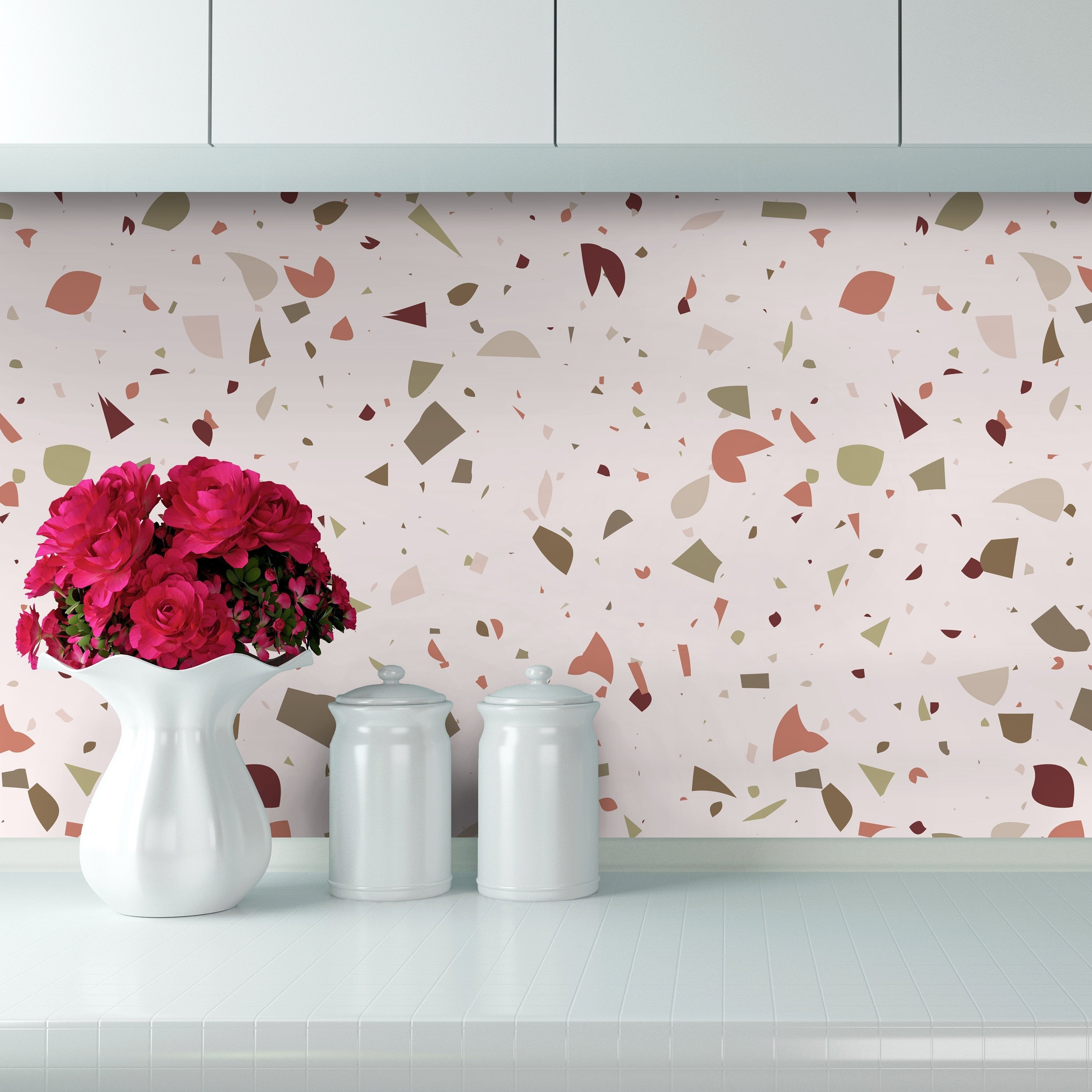 Red White Terrazzo Adhesive Film, Waterproof, Kitchen Backsplash - SKU:RWTAF-0