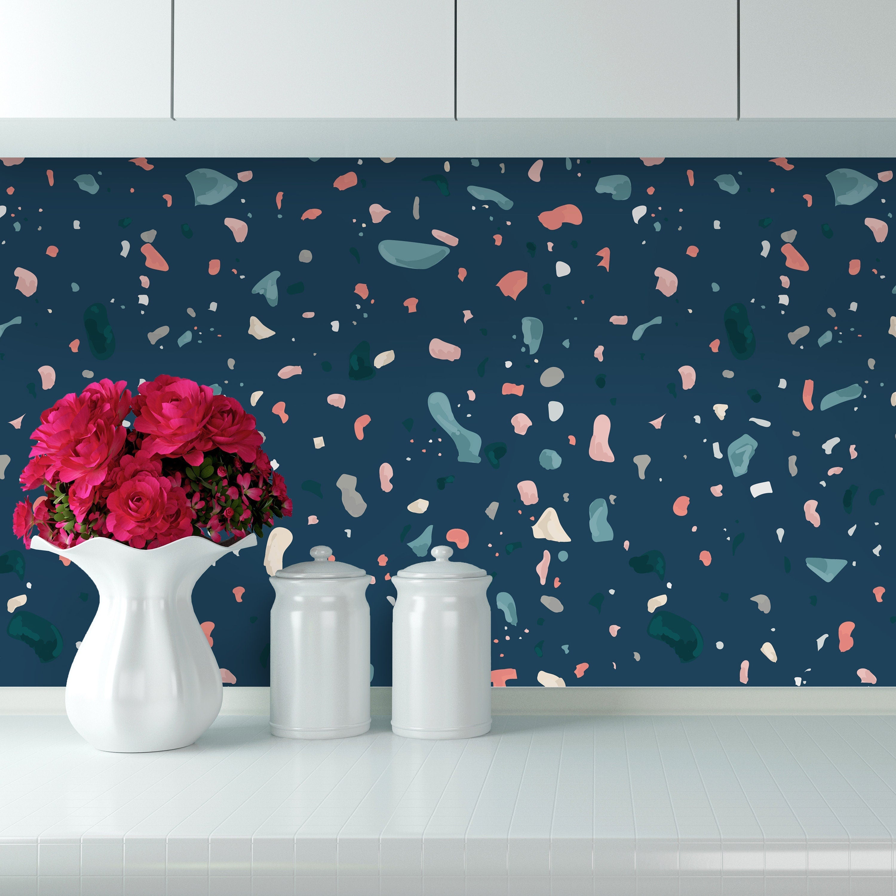 Dark Blue Terrazzo Adhesive Film, Waterproof, Kitchen Backsplash - SKU:DBTAF-1