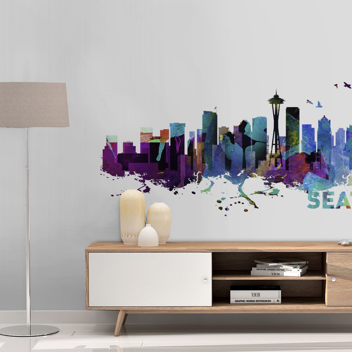 Seattle Skyline - Watercolor Print Effect - Wall Sticker - Home Design - Watercolor Art - Wall Decals - SKU: SeaSkyWat-1