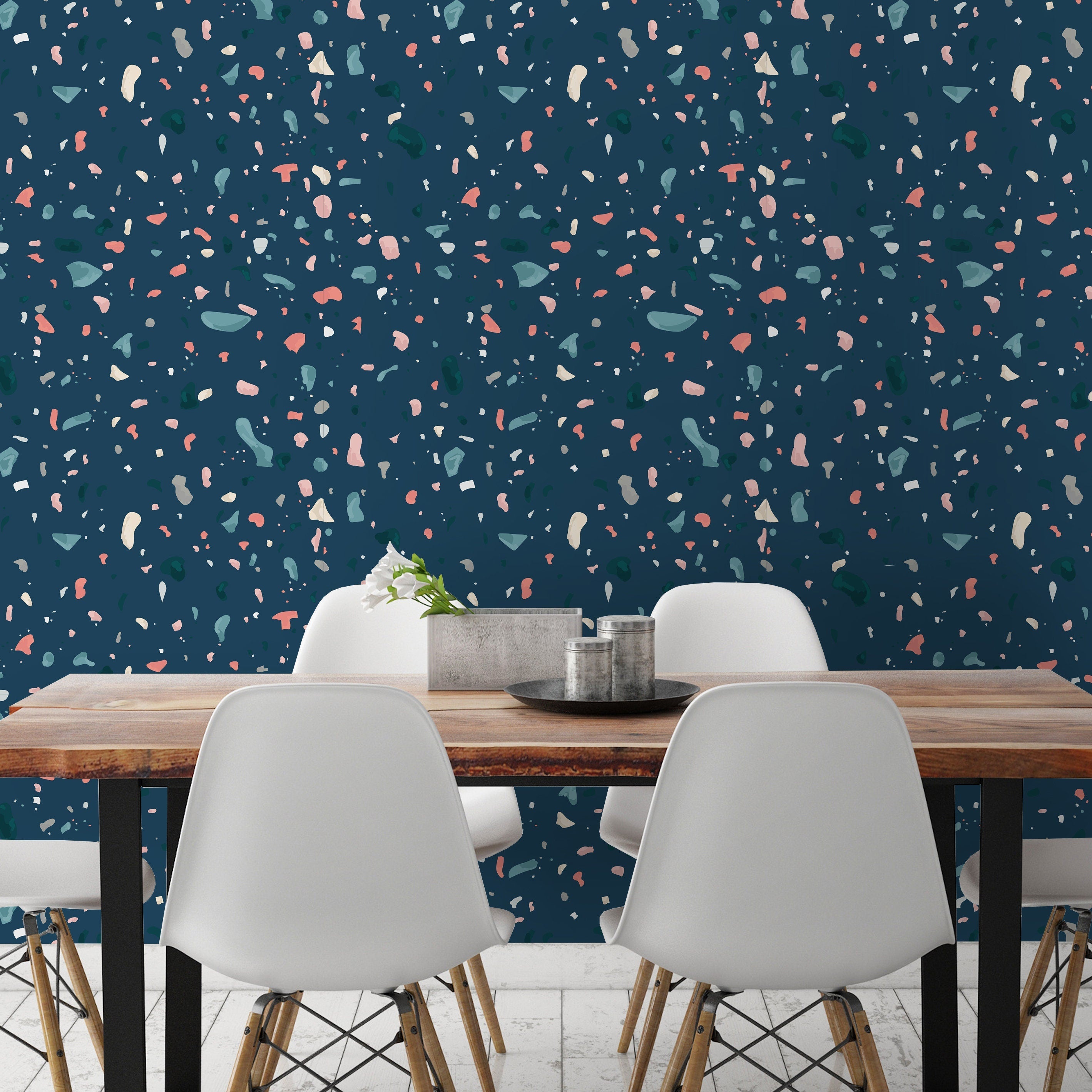 Terrazzo Dark Blue - Terrazzo Pattern Wallpaper, Wall Decor, Wall Decoration, Removable Wallpaper, Peel and Stick Wallpaper - SKU:DBTRR-0