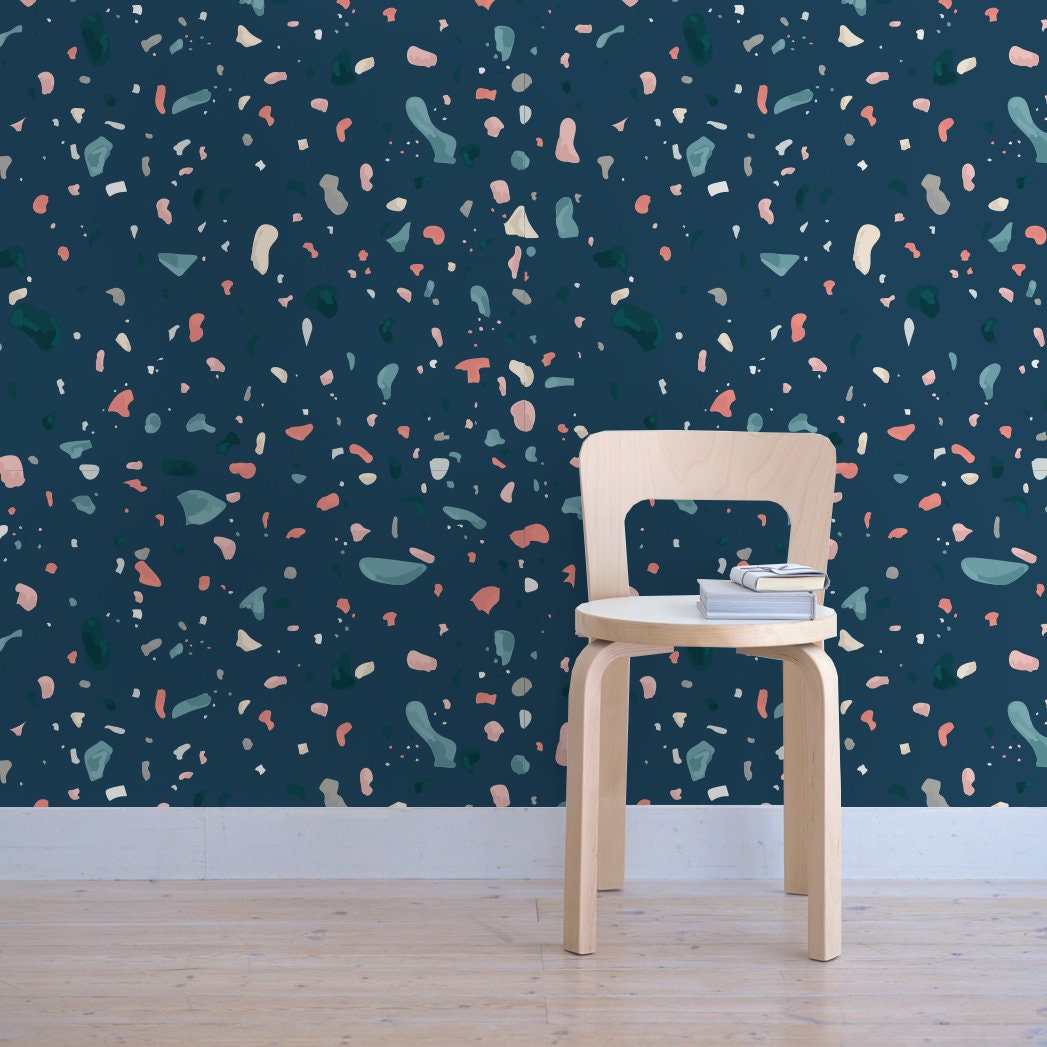 Terrazzo Dark Blue - Terrazzo Pattern Wallpaper, Wall Decor, Wall Decoration, Removable Wallpaper, Peel and Stick Wallpaper - SKU:DBTRR-1