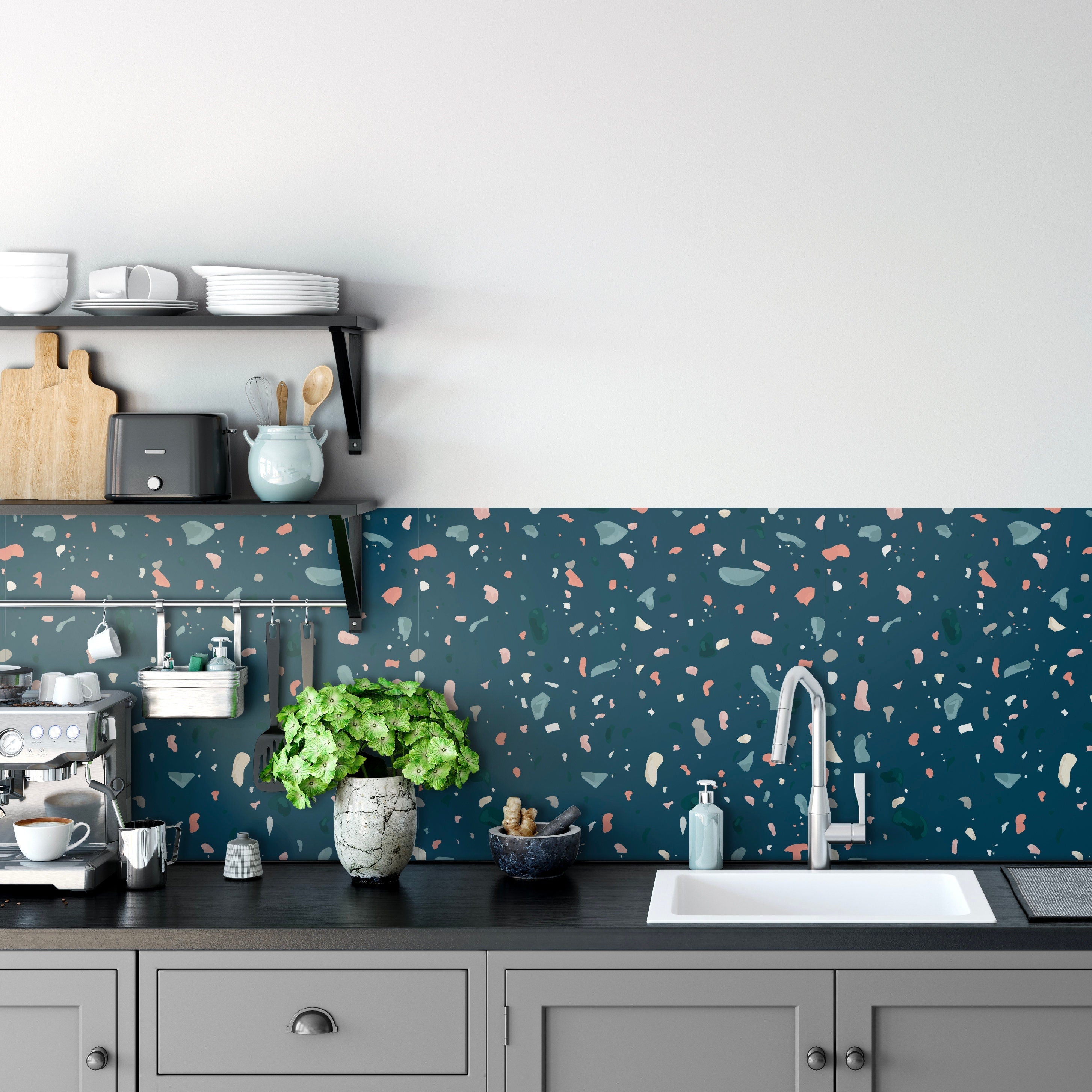 Dark Blue Terrazzo Adhesive Film, Waterproof, Kitchen Backsplash - SKU:DBTAF-2