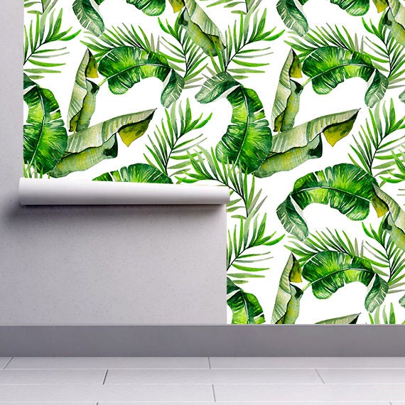 Leaves, Leaf, Wallpaper, Watercolor, Removable, Peel and Stick, Self Adhesive Fabric, Temporary, Wall Decal, Tropical, Jungle - SKU:Hdwlp-2