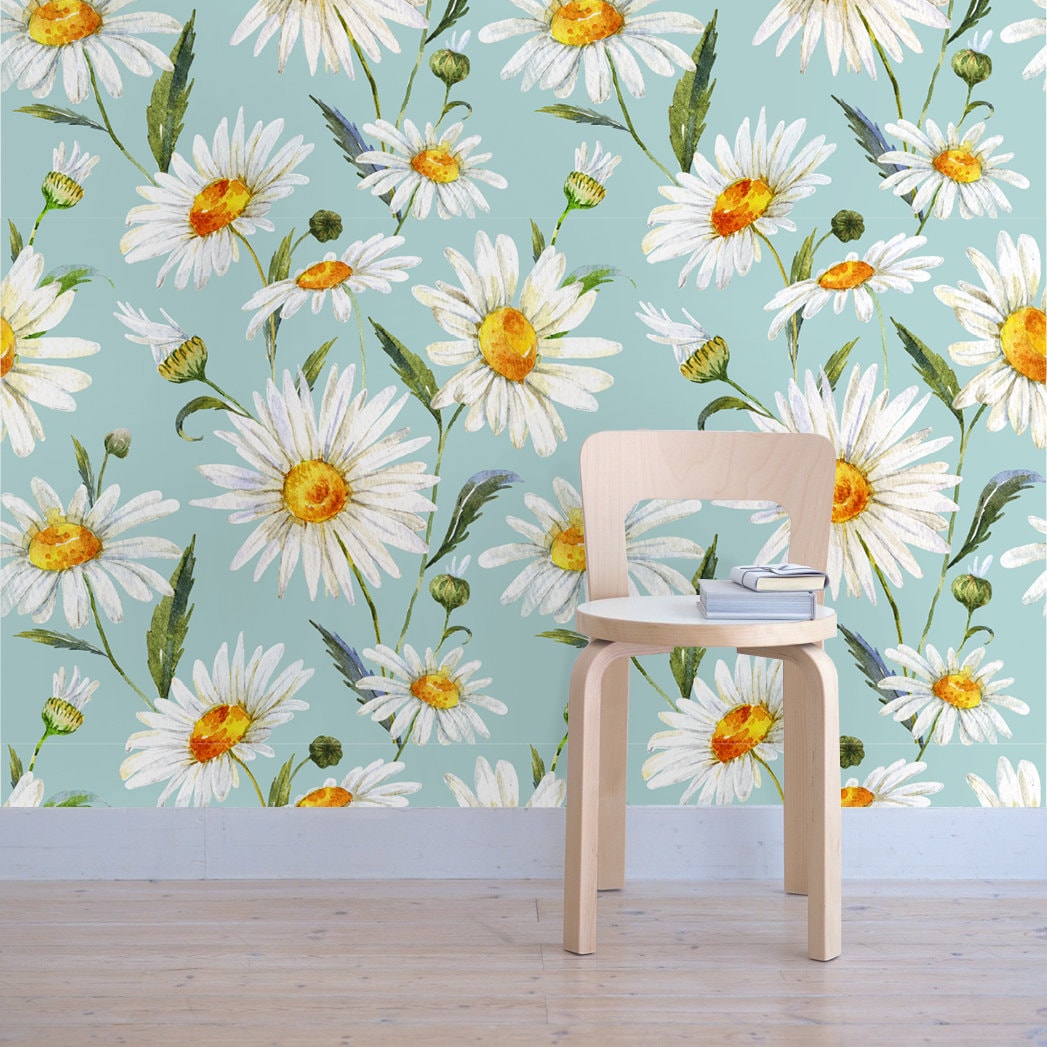 White Daisy Wallpaper - White Daisies - Removable Wallpaper - Peel & Stick - Self Adhesive Fabric - Temporary Wallpaper - SKU:DAIWL-0