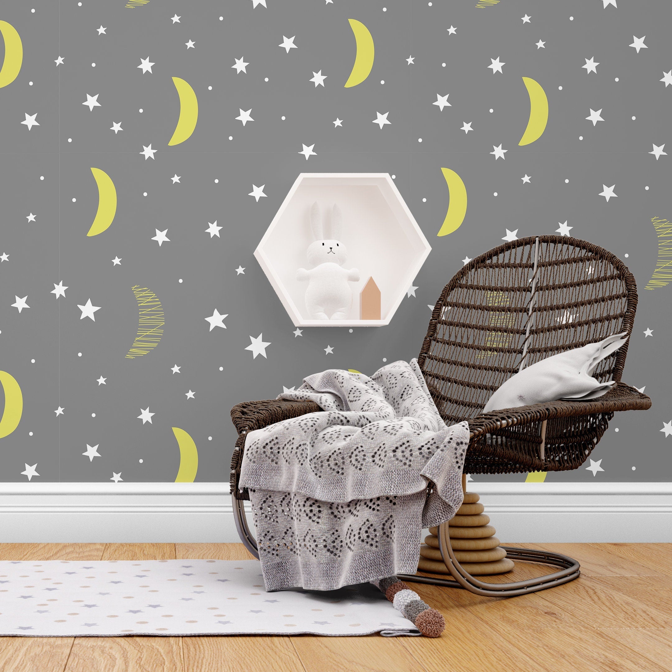 Moon and Stars Wallpapper - Nursery Wallpaper - Cute Wallpaper - Removable Wallpaper - Temporary Wallpaper - Self Adhesive Fabric - SKU:MASN-1